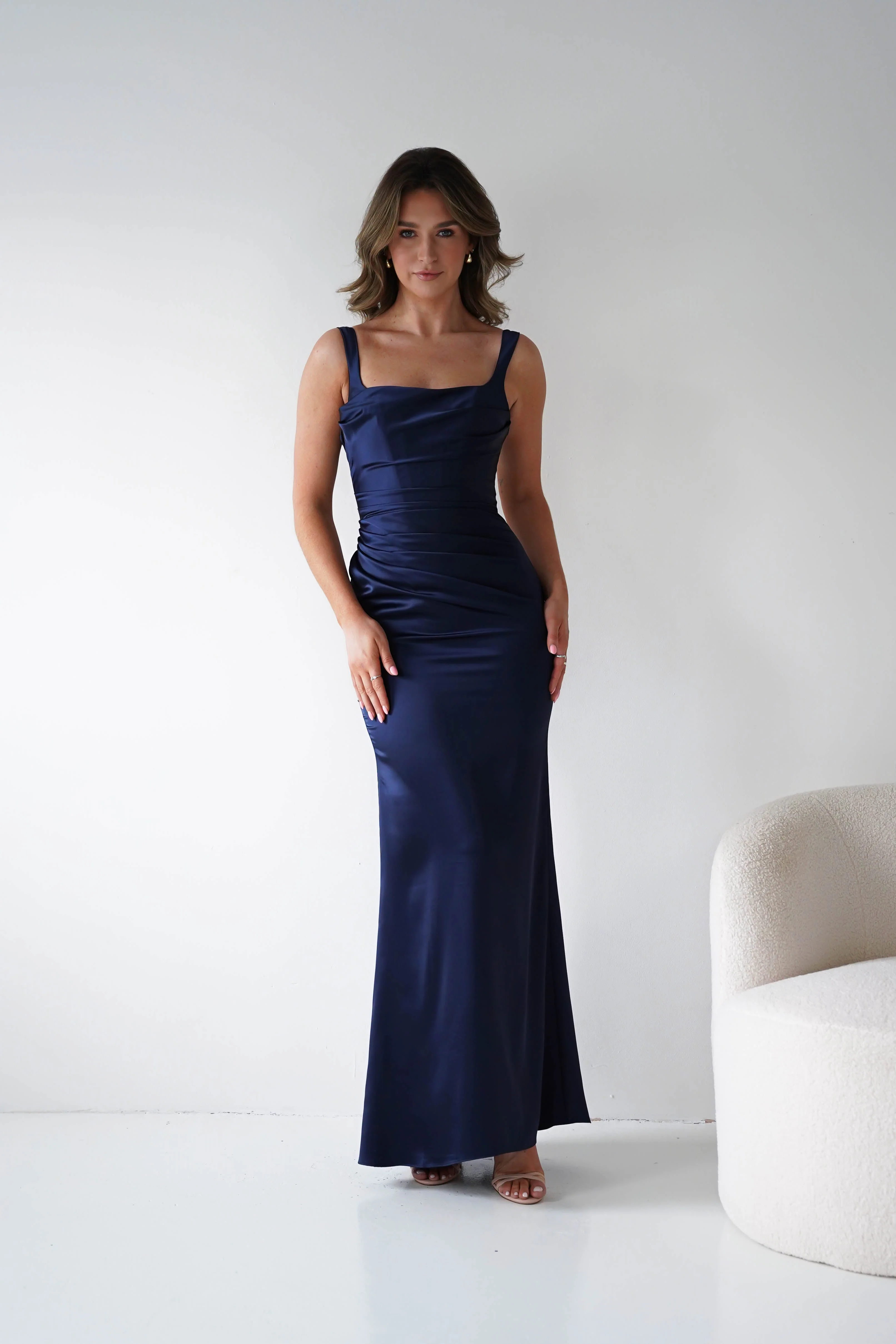 Addison Sqaure Neck Satin Maxi Dress | Navy