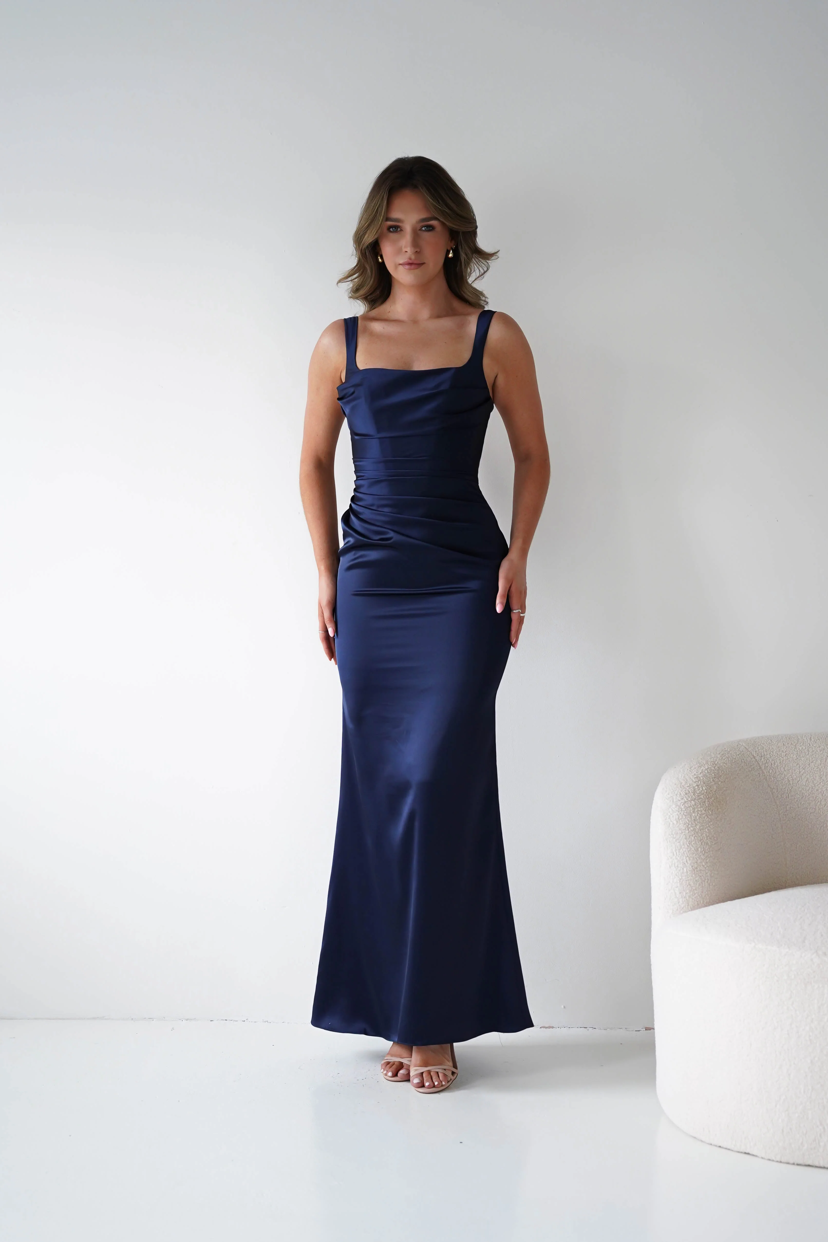 Addison Sqaure Neck Satin Maxi Dress | Navy - Image 10