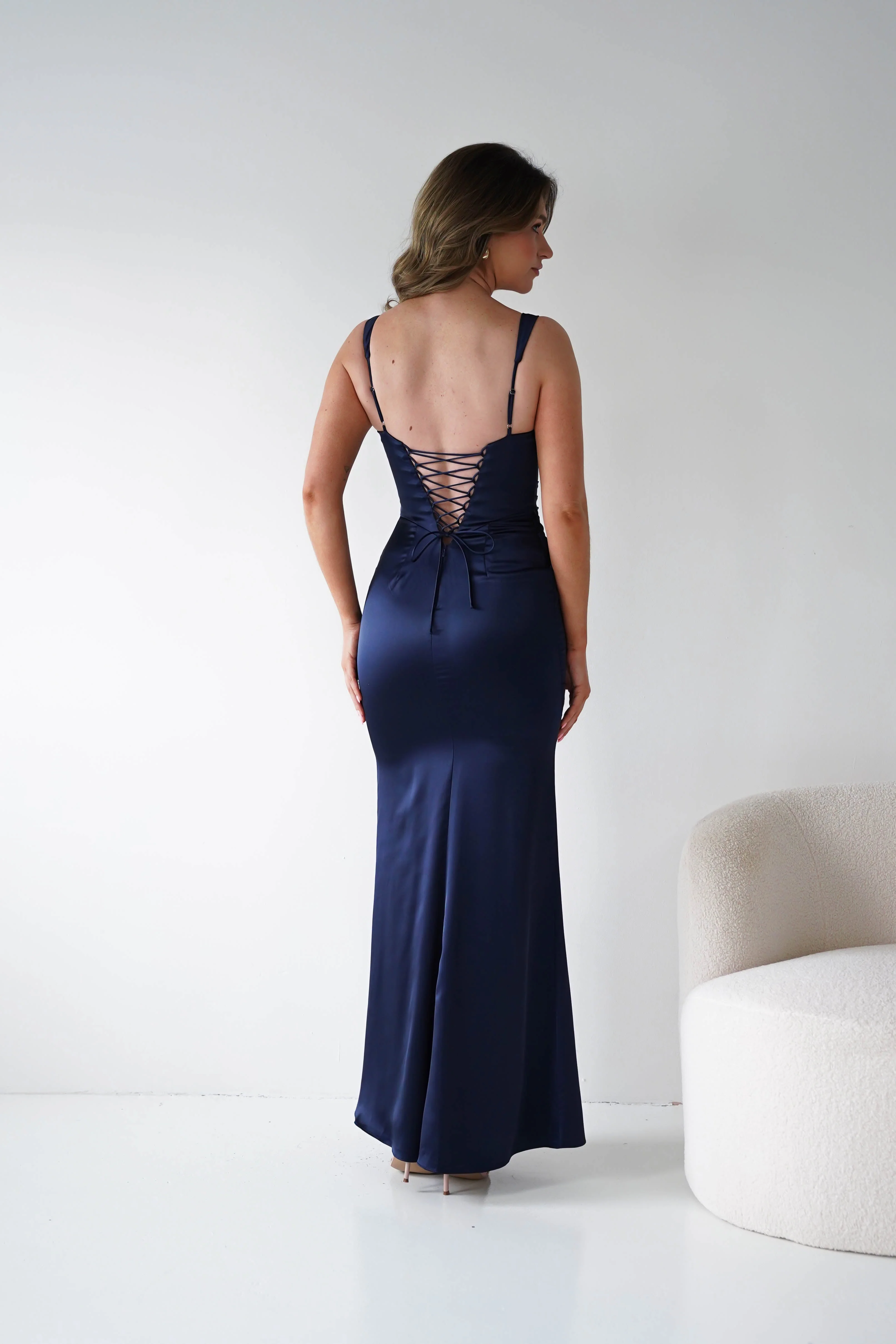 Addison Sqaure Neck Satin Maxi Dress | Navy - Image 12