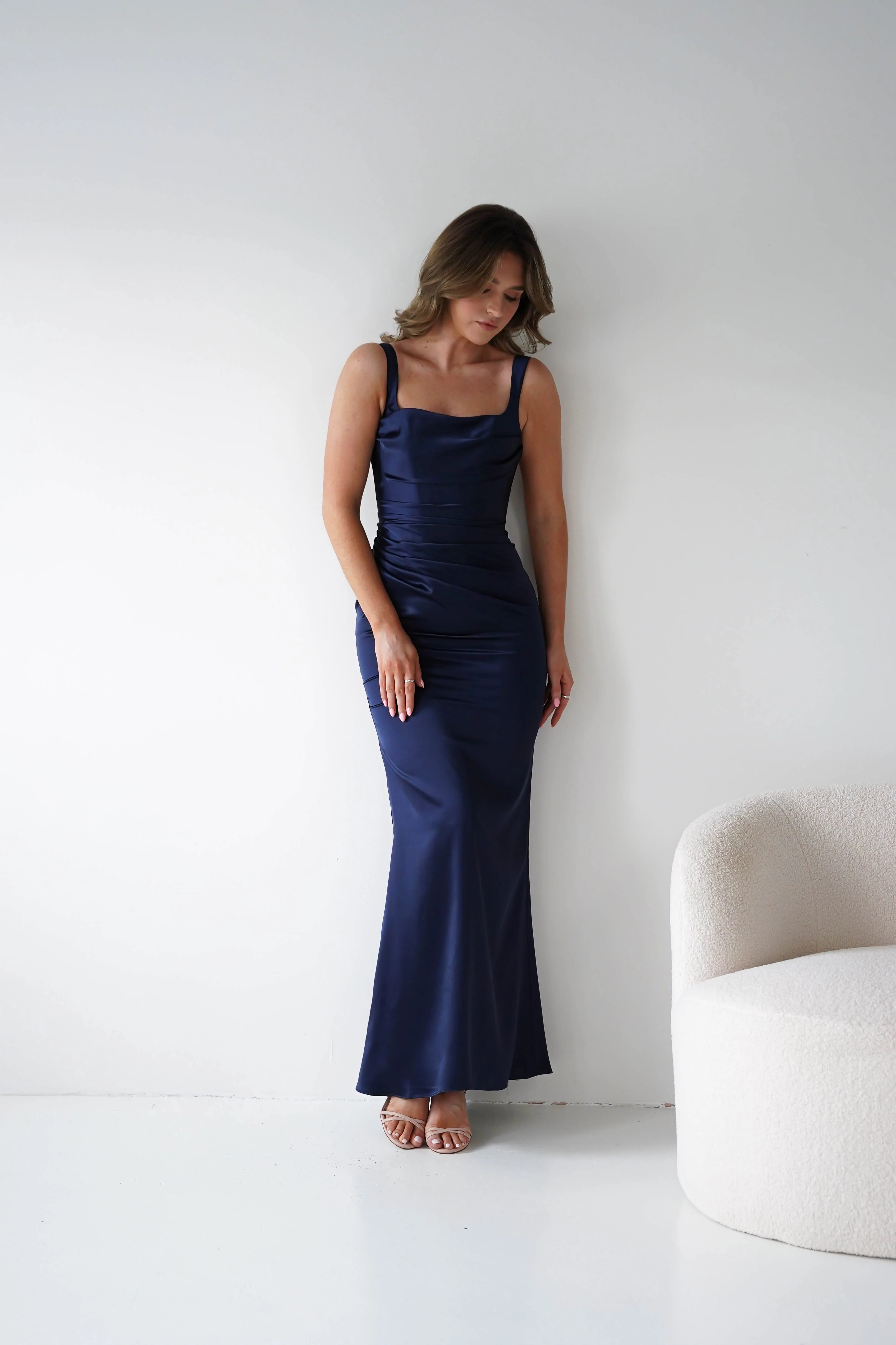 Addison Sqaure Neck Satin Maxi Dress | Navy - Image 13