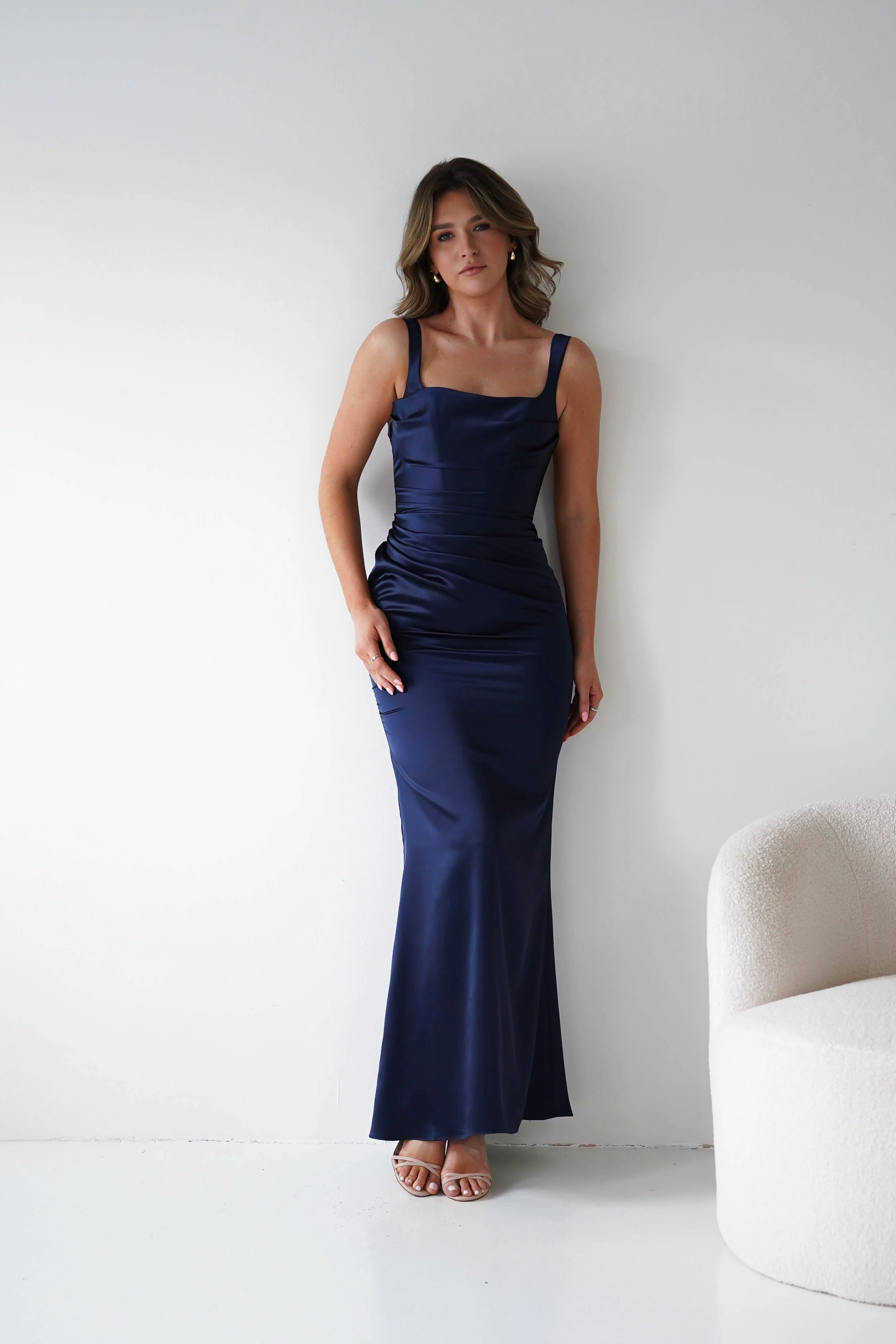 Addison Sqaure Neck Satin Maxi Dress | Navy - Image 2