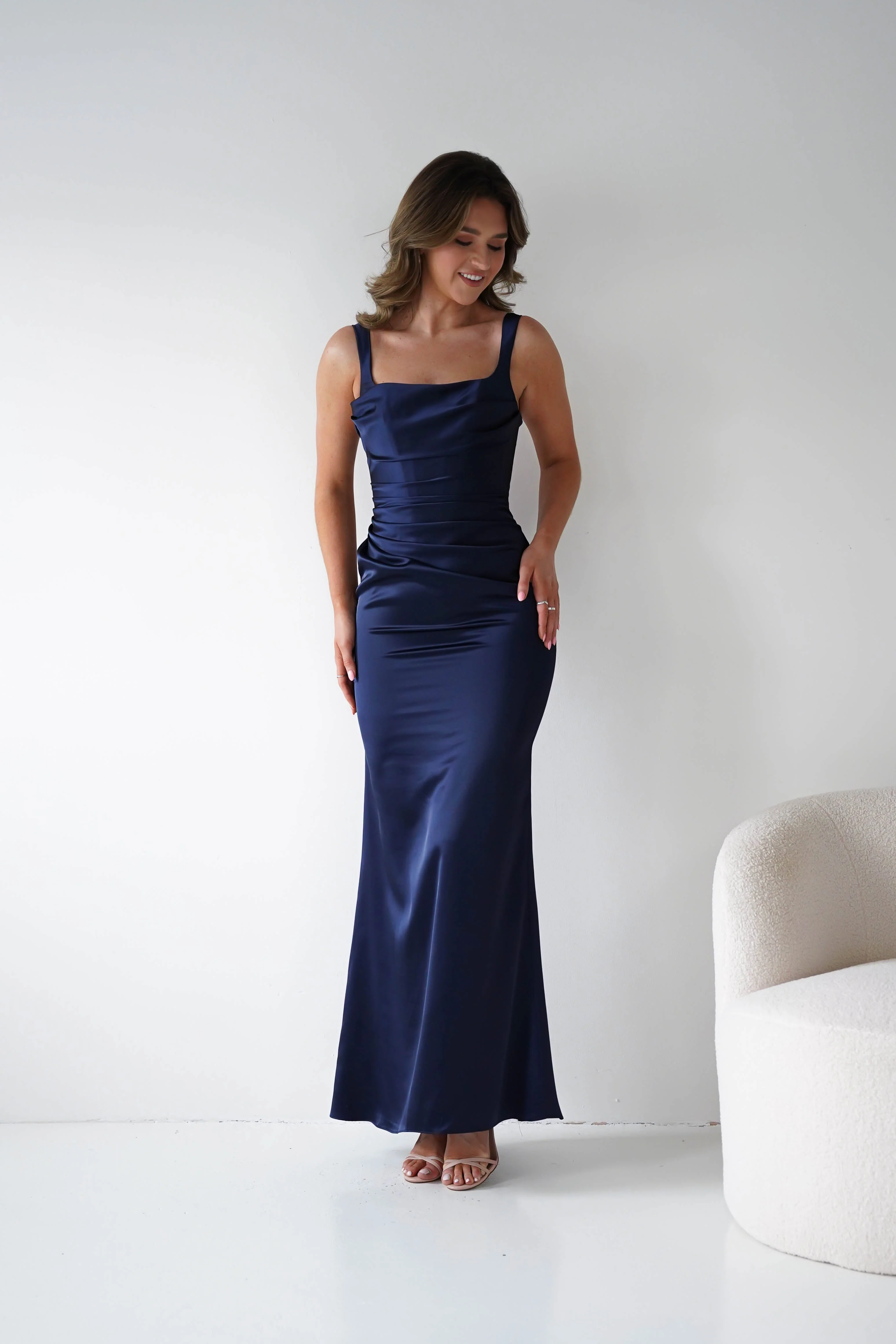 Addison Sqaure Neck Satin Maxi Dress | Navy - Image 3