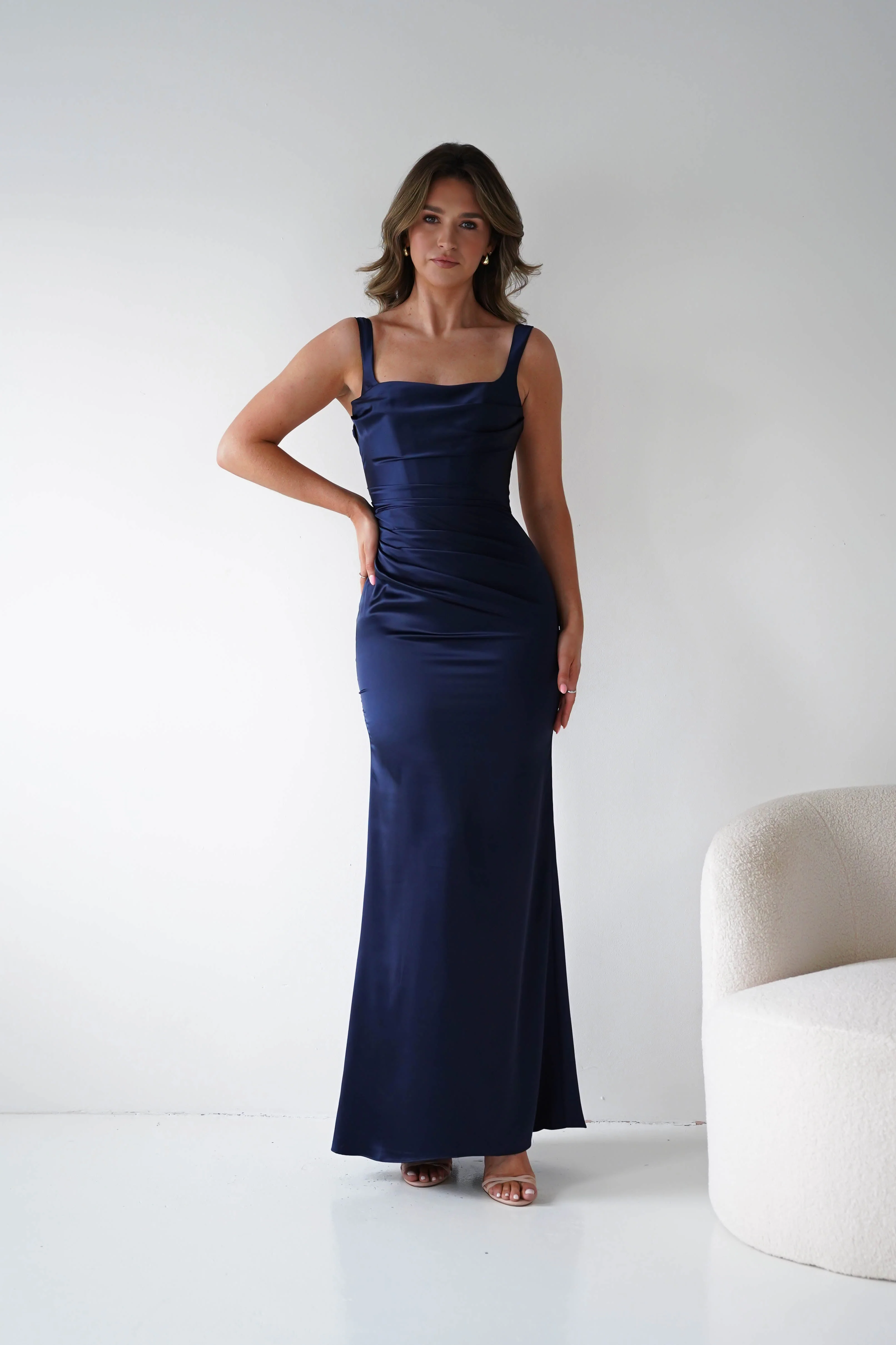 Addison Sqaure Neck Satin Maxi Dress | Navy - Image 9