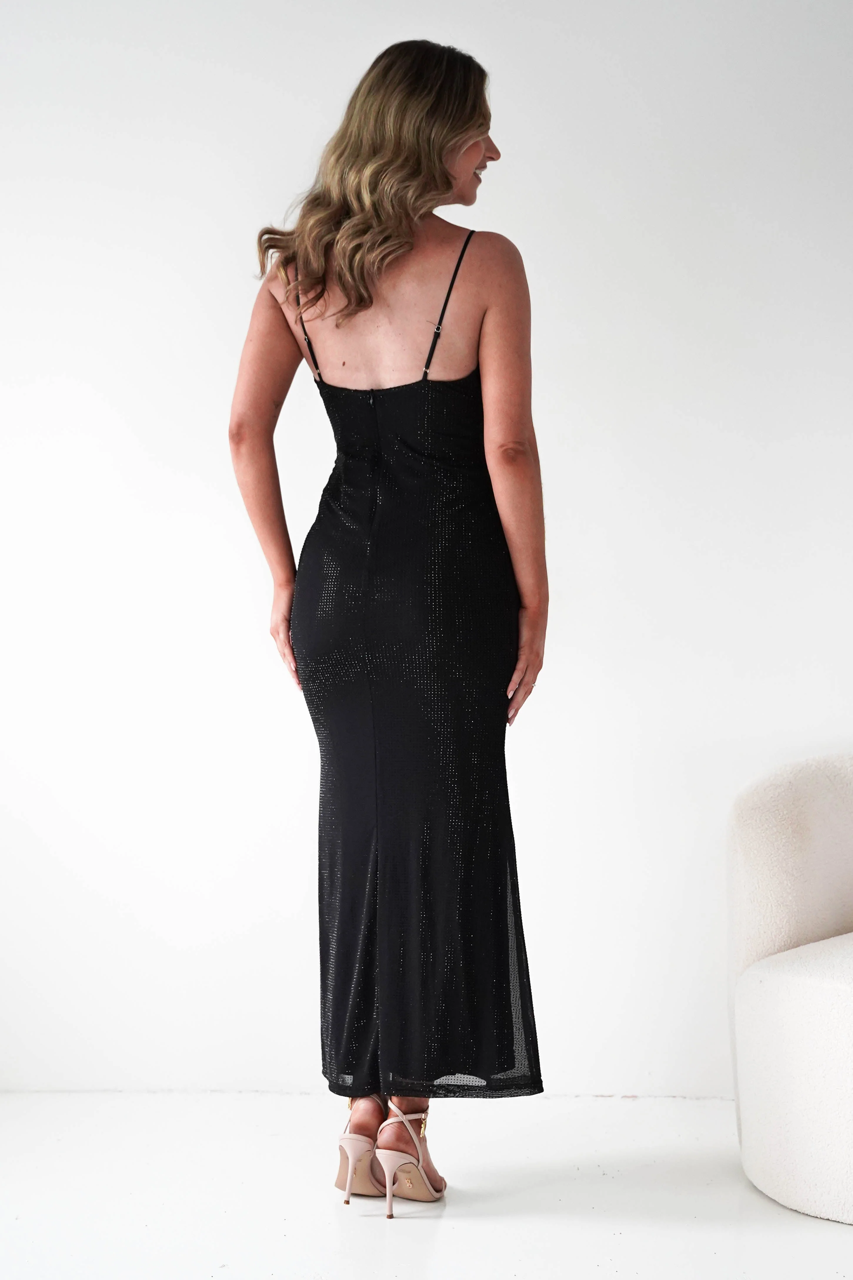 Almarie Diamante Mesh V-Neck Maxi Dress | Black - Image 4