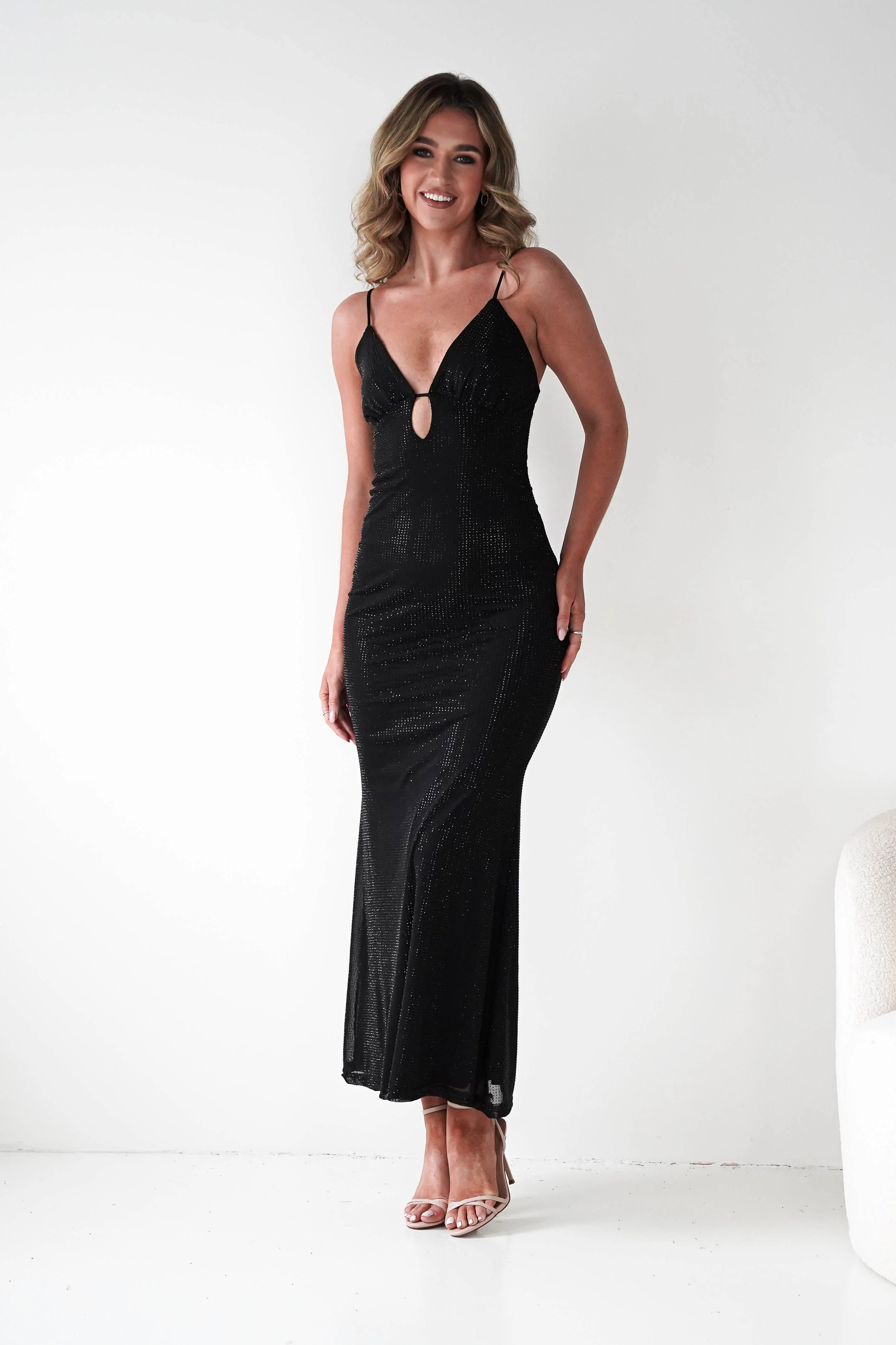 Almarie Diamante Mesh V-Neck Maxi Dress | Black - Image 9