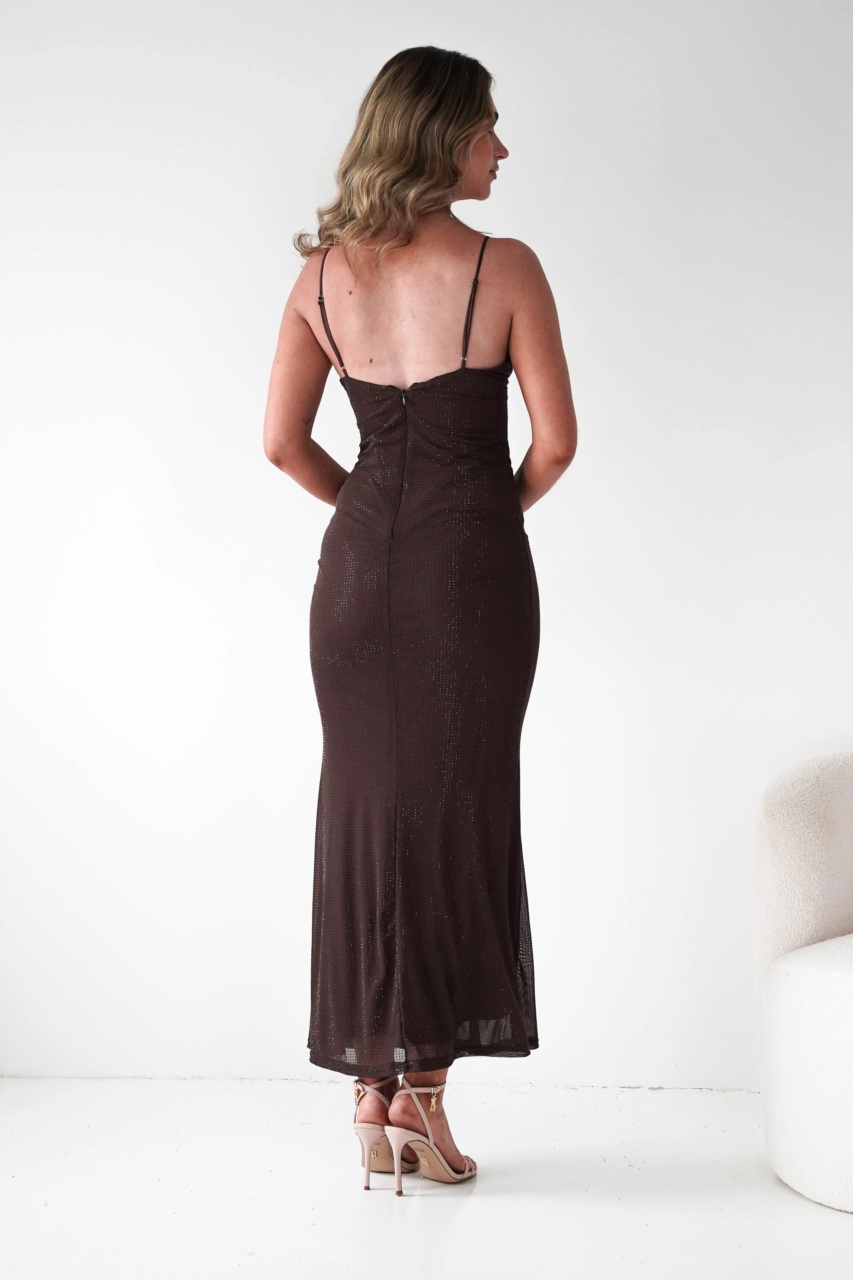 Almarie Diamante Mesh V-Neck Maxi Dress | Brown - Image 3