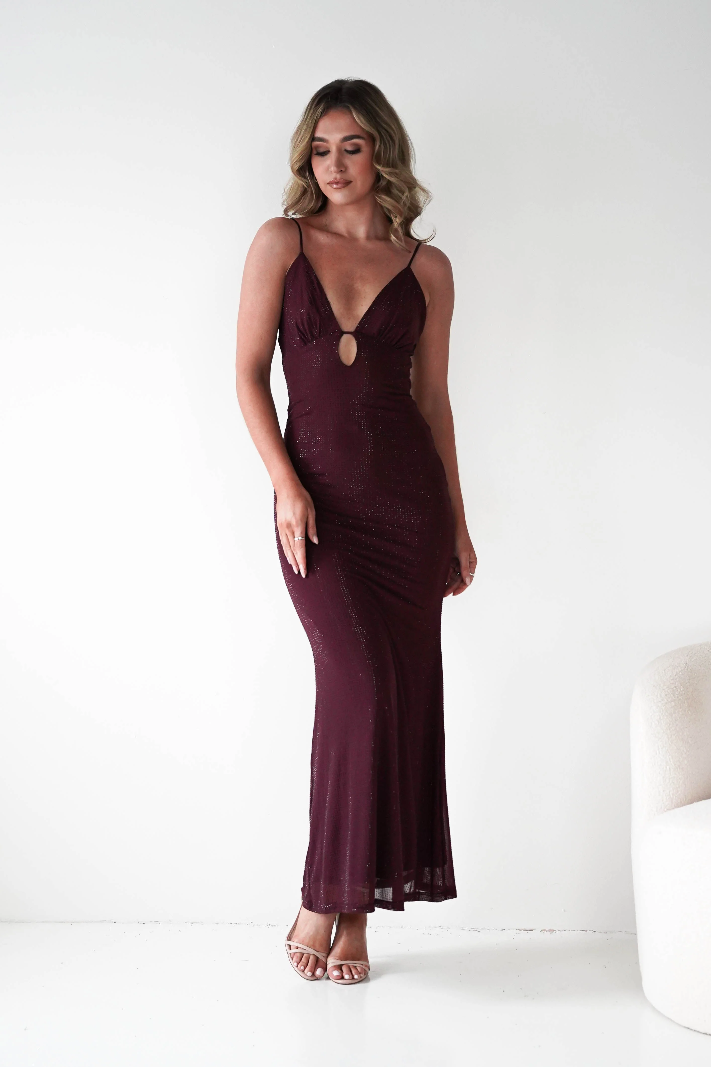 Almarie Diamante Mesh V-Neck Maxi Dress | Wine - Image 4