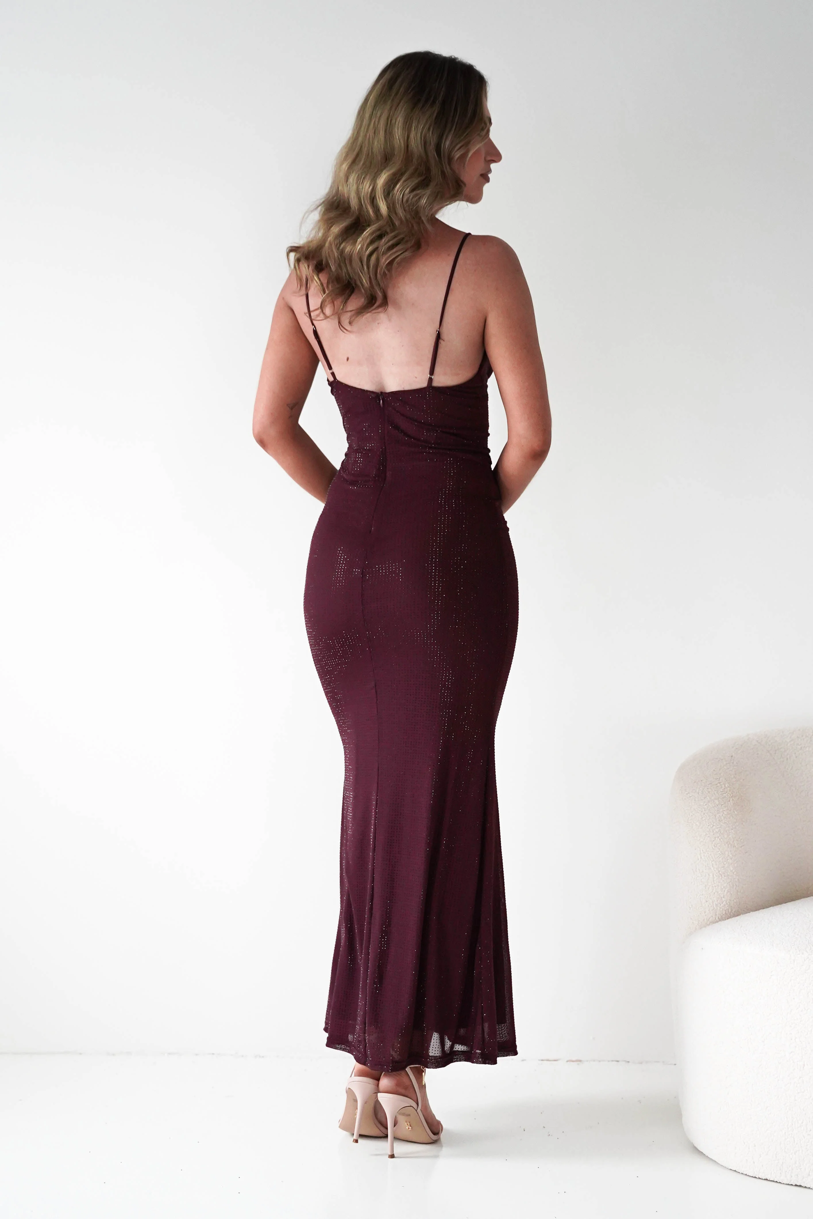 Almarie Diamante Mesh V-Neck Maxi Dress | Wine - Image 5