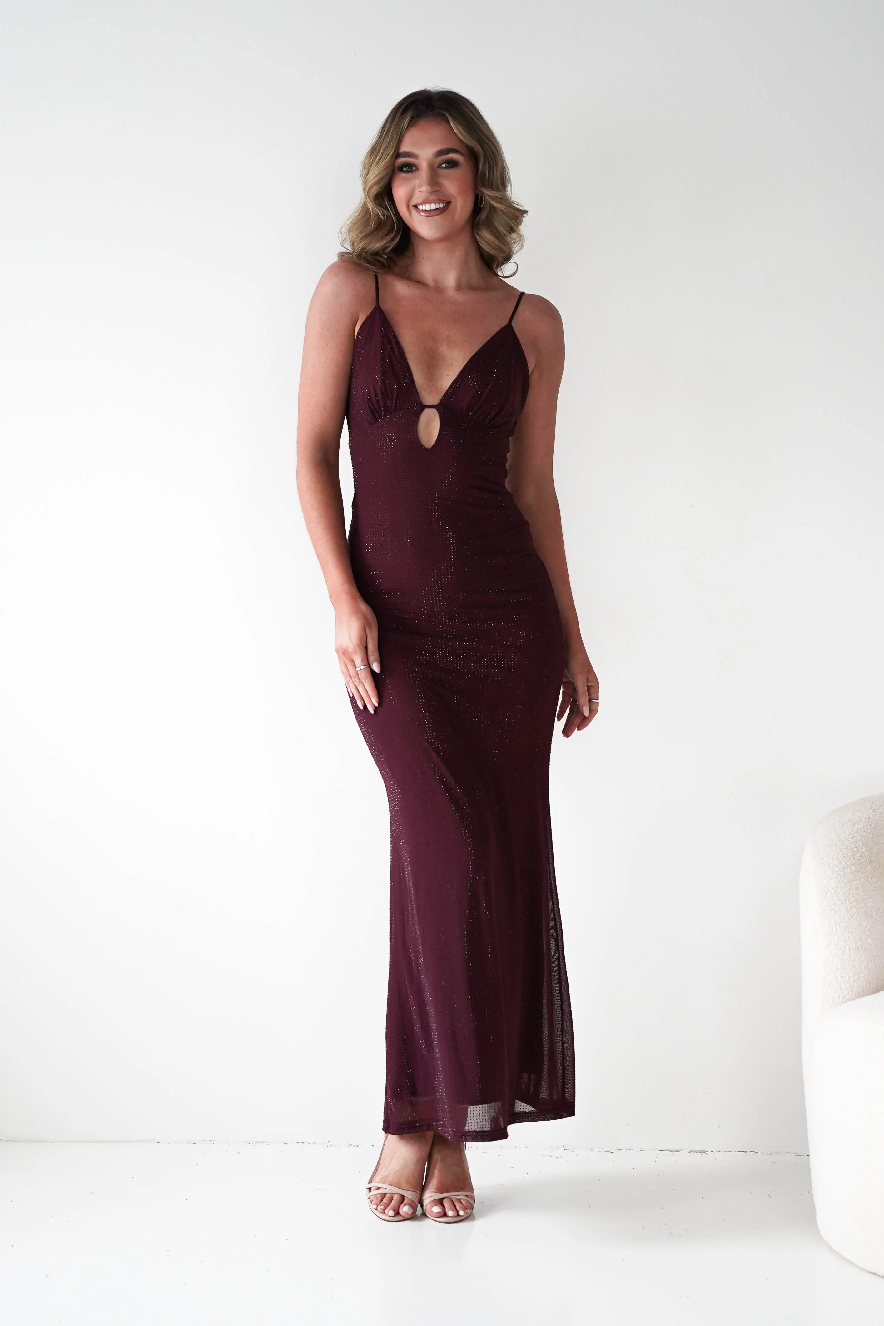 Almarie Diamante Mesh V-Neck Maxi Dress | Wine - Image 7