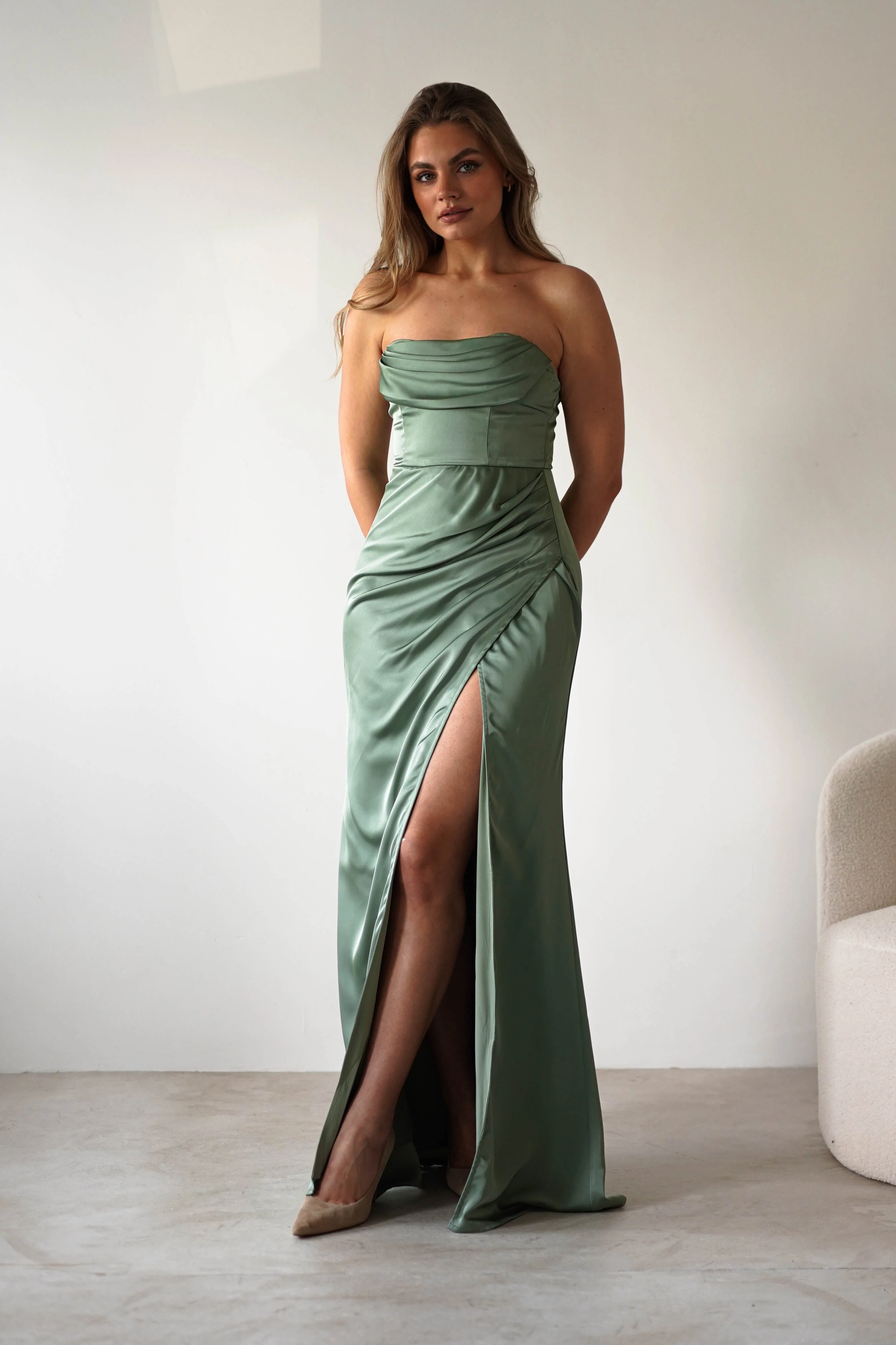 Alyce Soft Satin Strapless Gown | Olive