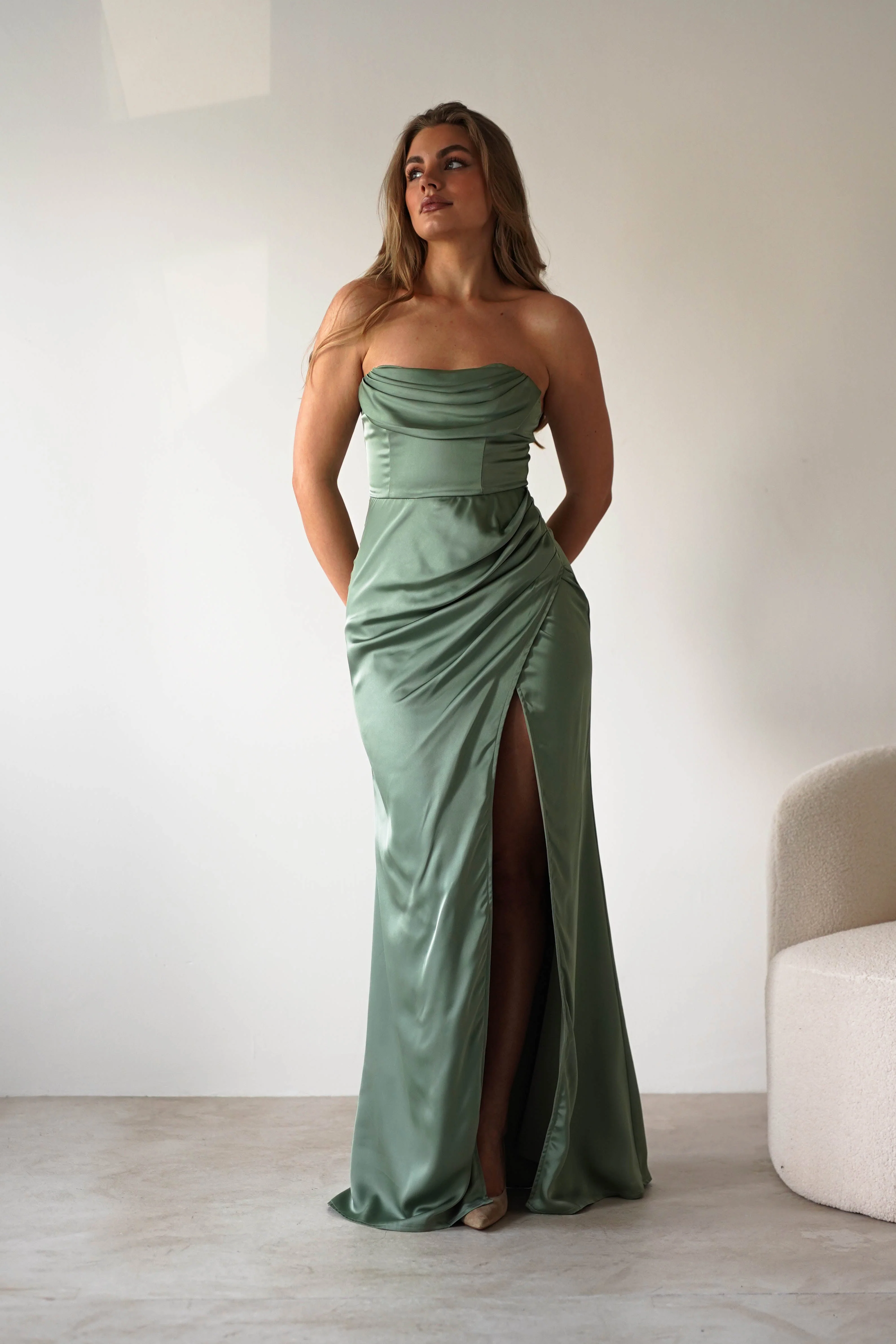 Alyce Soft Satin Strapless Gown | Olive - Image 2