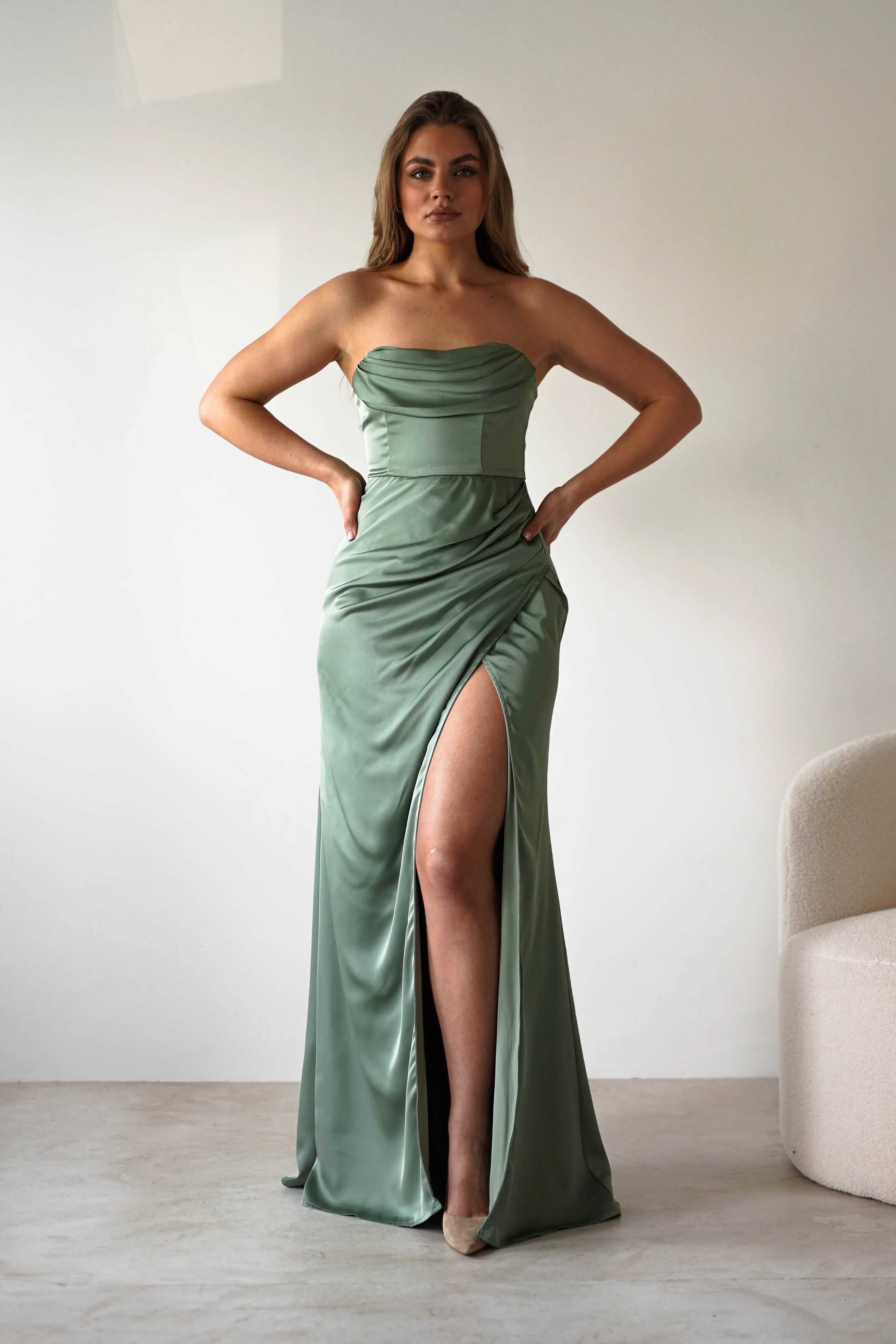 Alyce Soft Satin Strapless Gown | Olive - Image 5