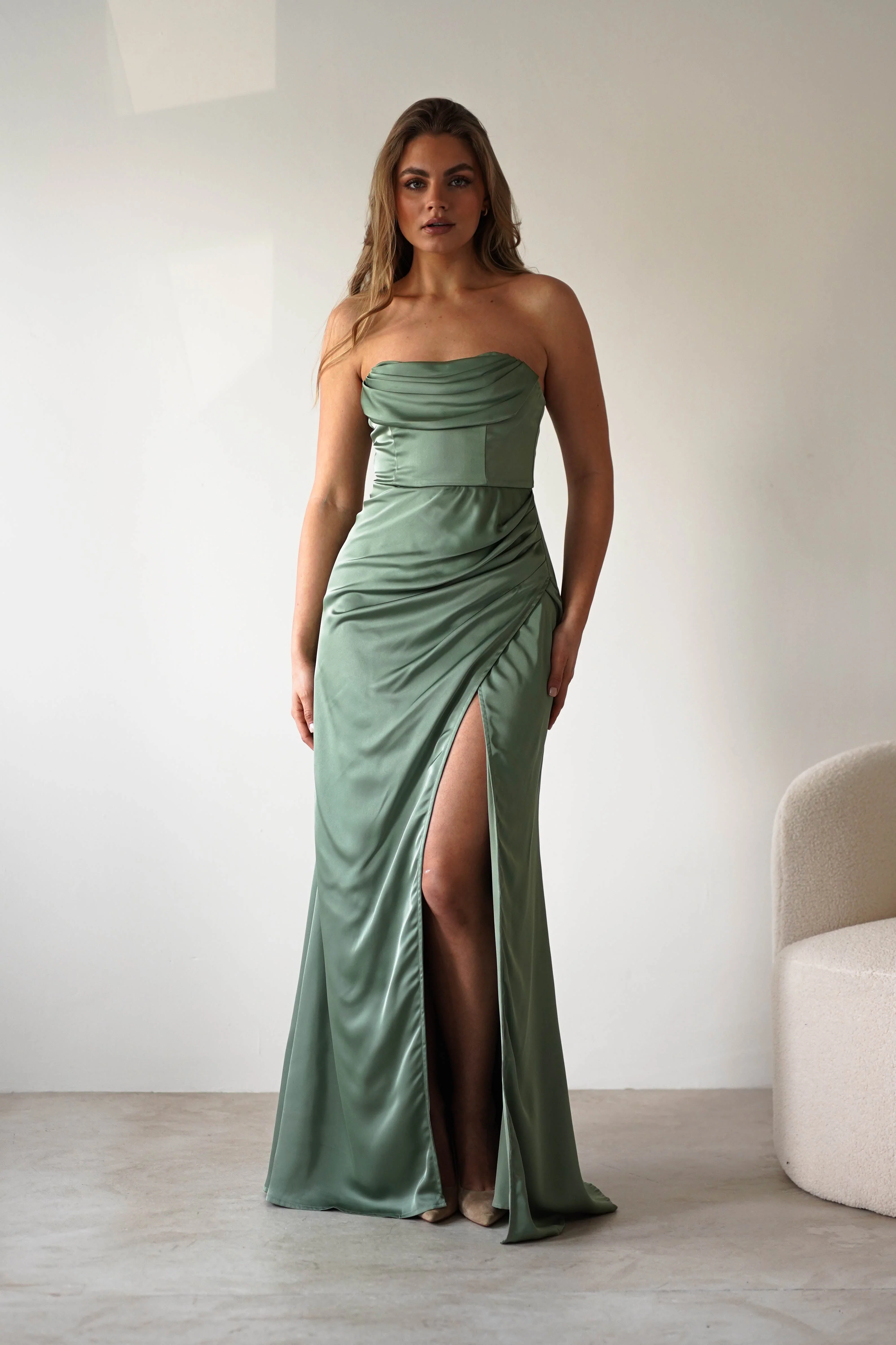 Alyce Soft Satin Strapless Gown | Olive - Image 6