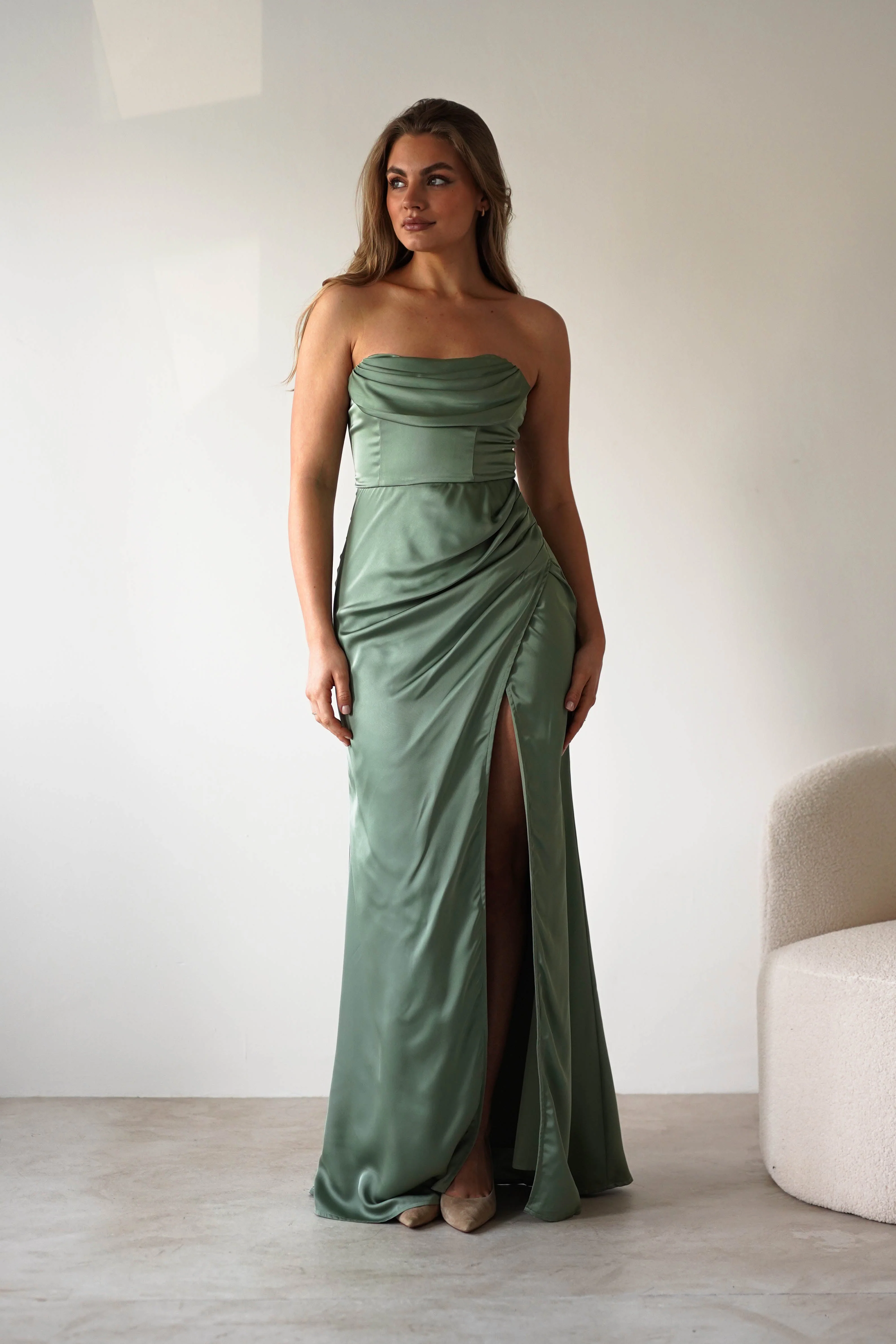 Alyce Soft Satin Strapless Gown | Olive - Image 7