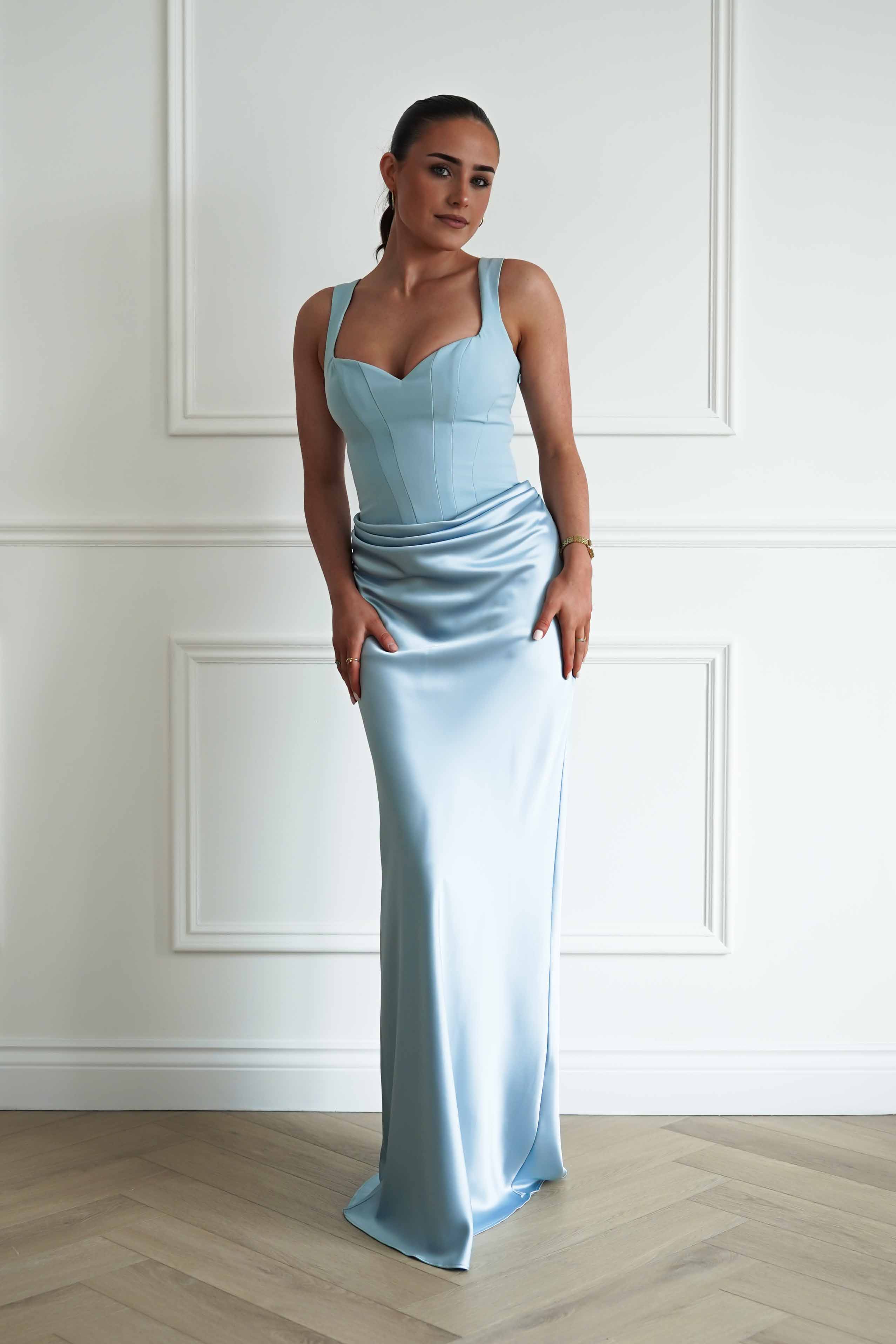 Avery Ruched Sweetheart Satin Maxi Dress | Blue - Image 3