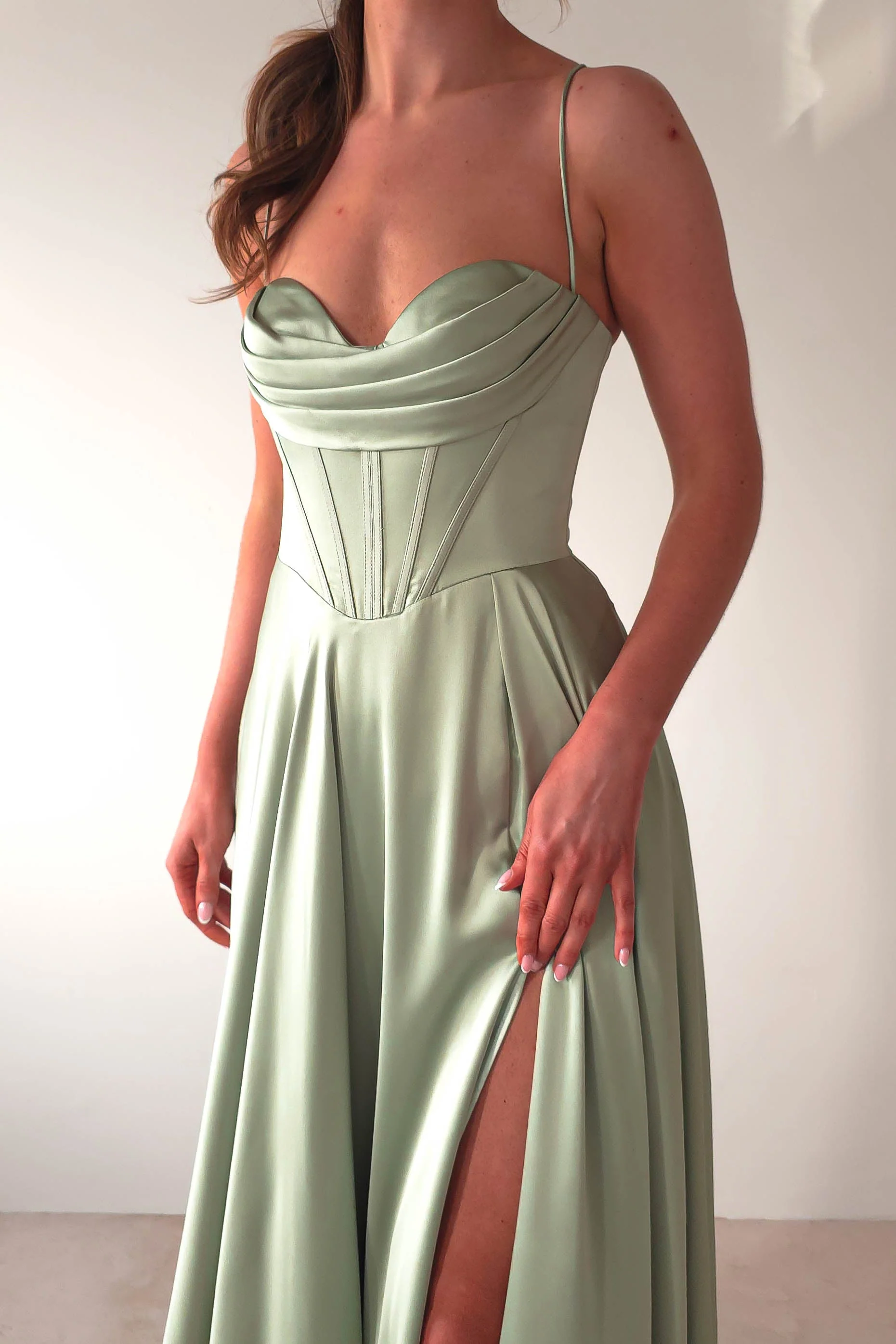 Bella Luxe Aline Satin Gown | Sage - Image 6