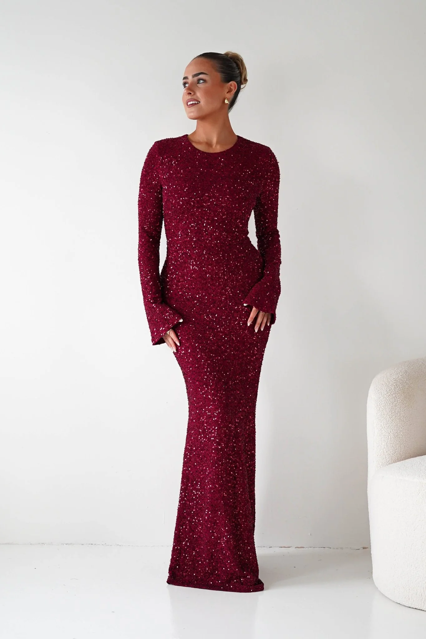 Bertina Long Sleeve Sequin Maxi Gown | Burgundy