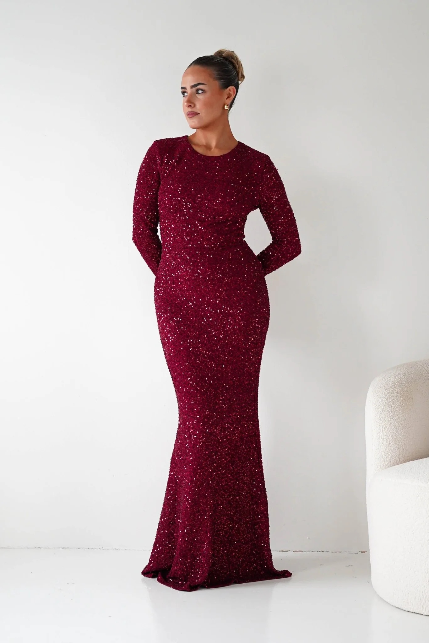 Bertina Long Sleeve Sequin Maxi Gown | Burgundy - Image 6