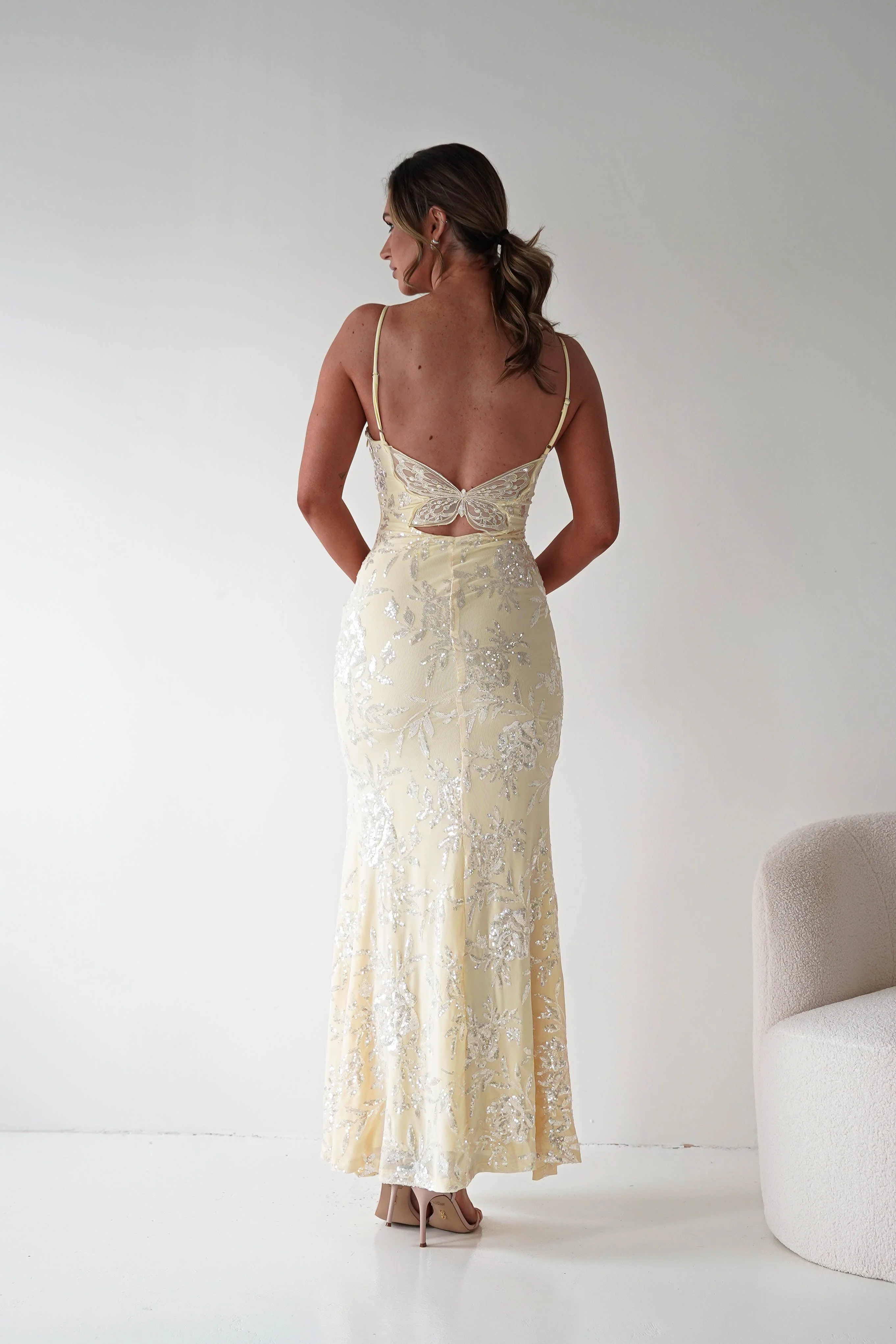 Santorini Butterfly Detail Embellished Gown | Yellow