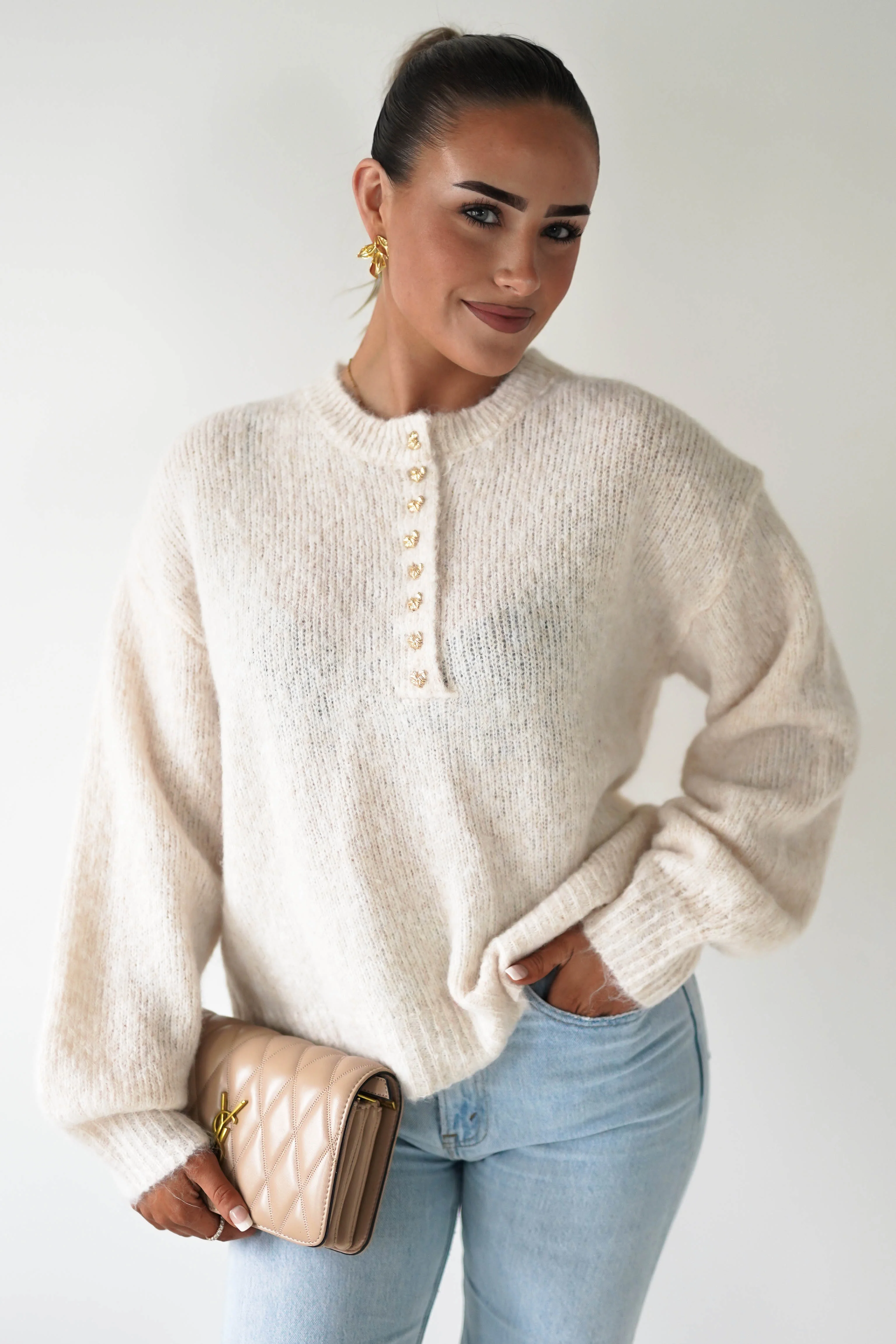 Calix Button Detail Knit Jumper | Beige