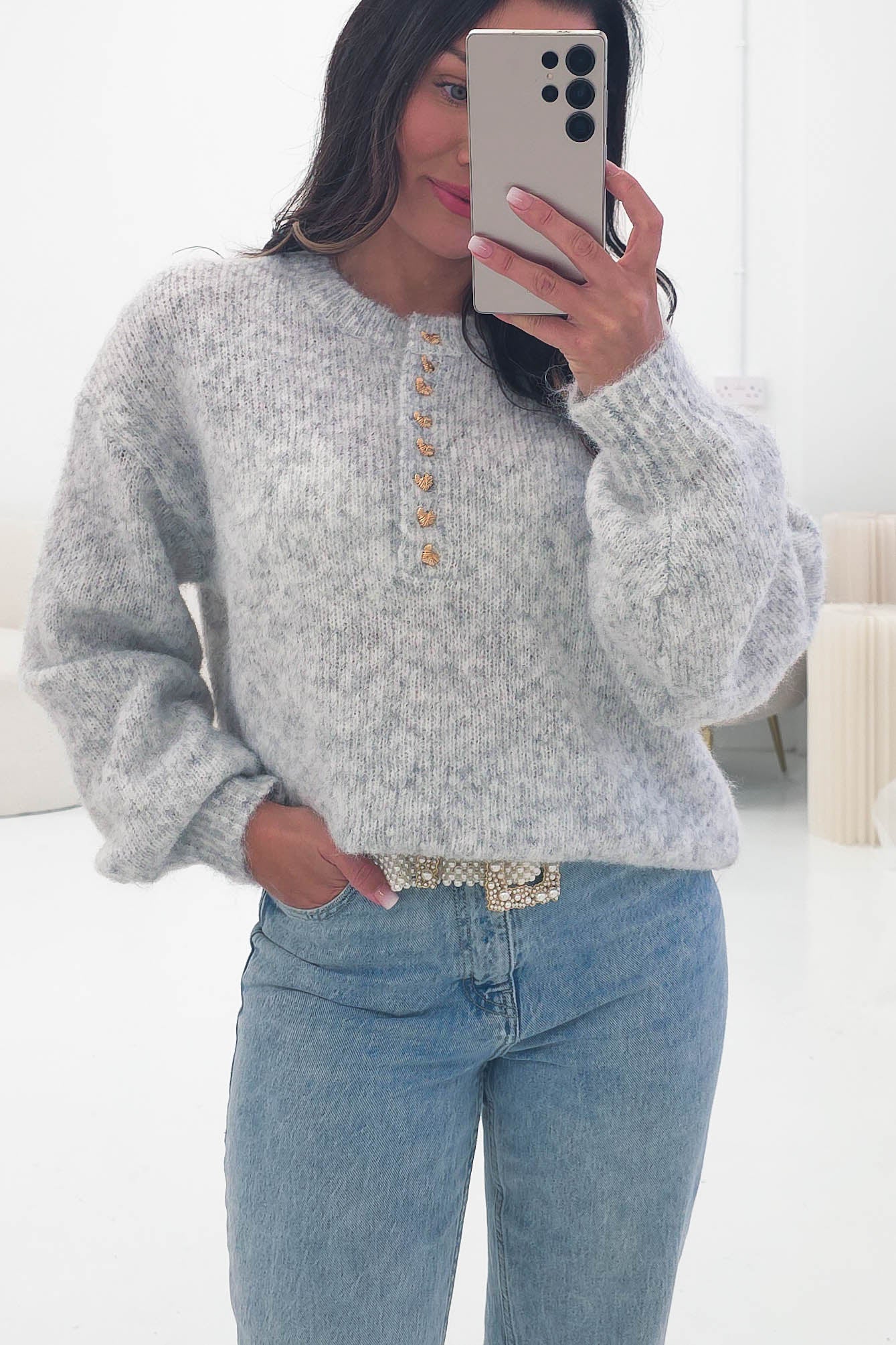 Calix Button Detail Knit Jumper | Grey - Image 2