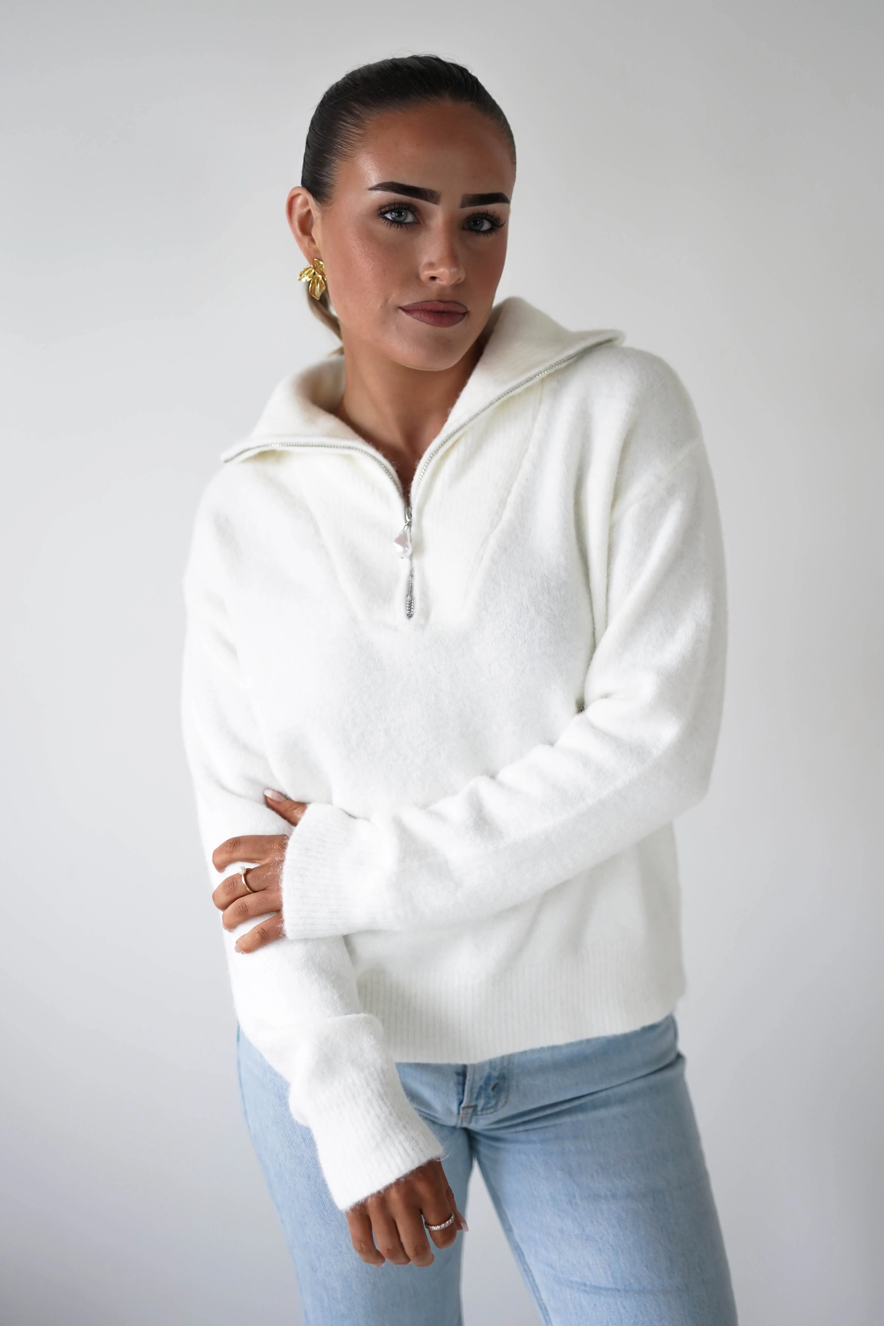 Chaney Half Pink Zip Jumper | White