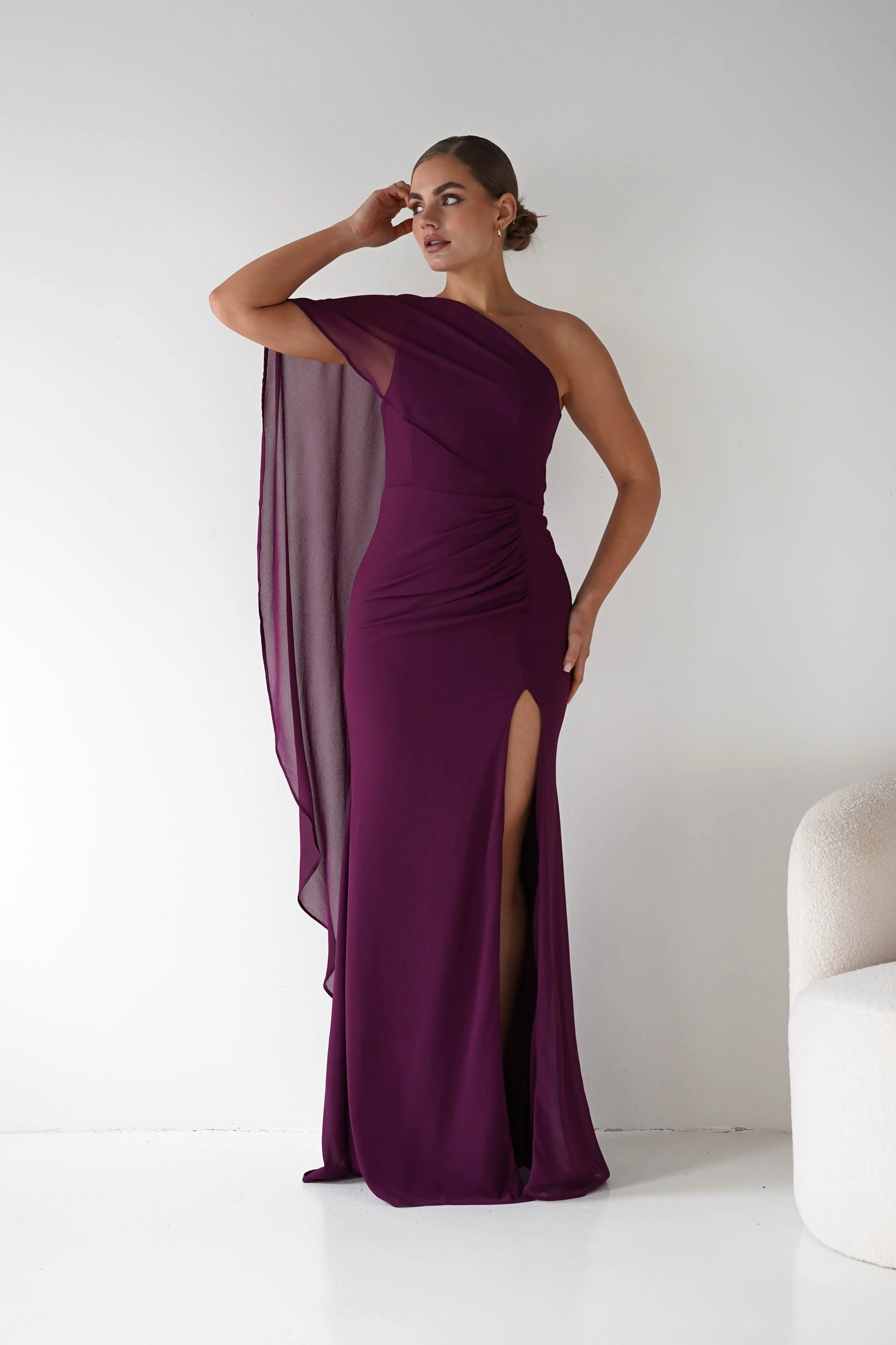 Criselda One Shoulder Chiffon Maxi Dress | Plum - Image 10
