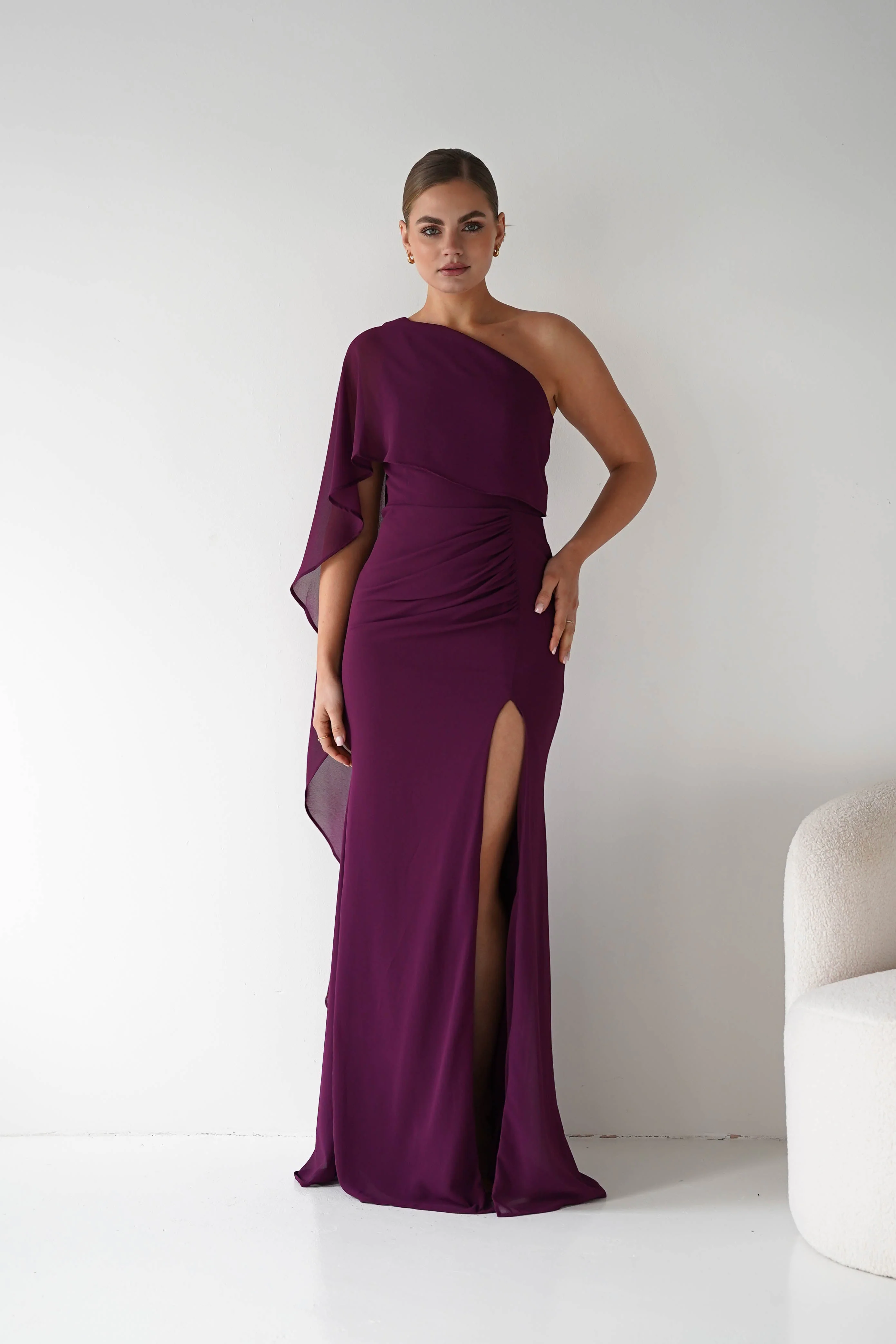 Criselda One Shoulder Chiffon Maxi Dress | Plum - Image 11