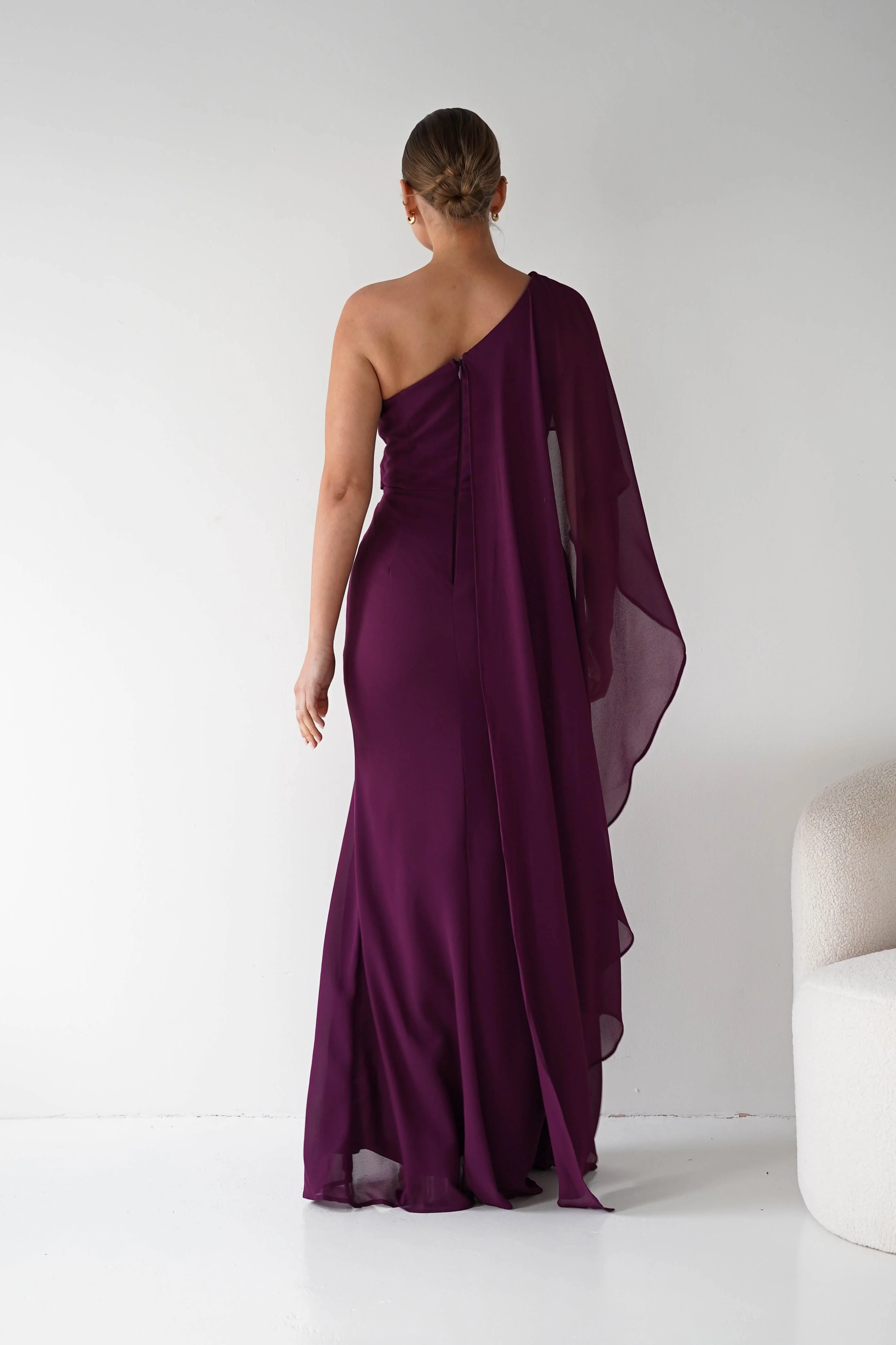 Criselda One Shoulder Chiffon Maxi Dress | Plum - Image 3