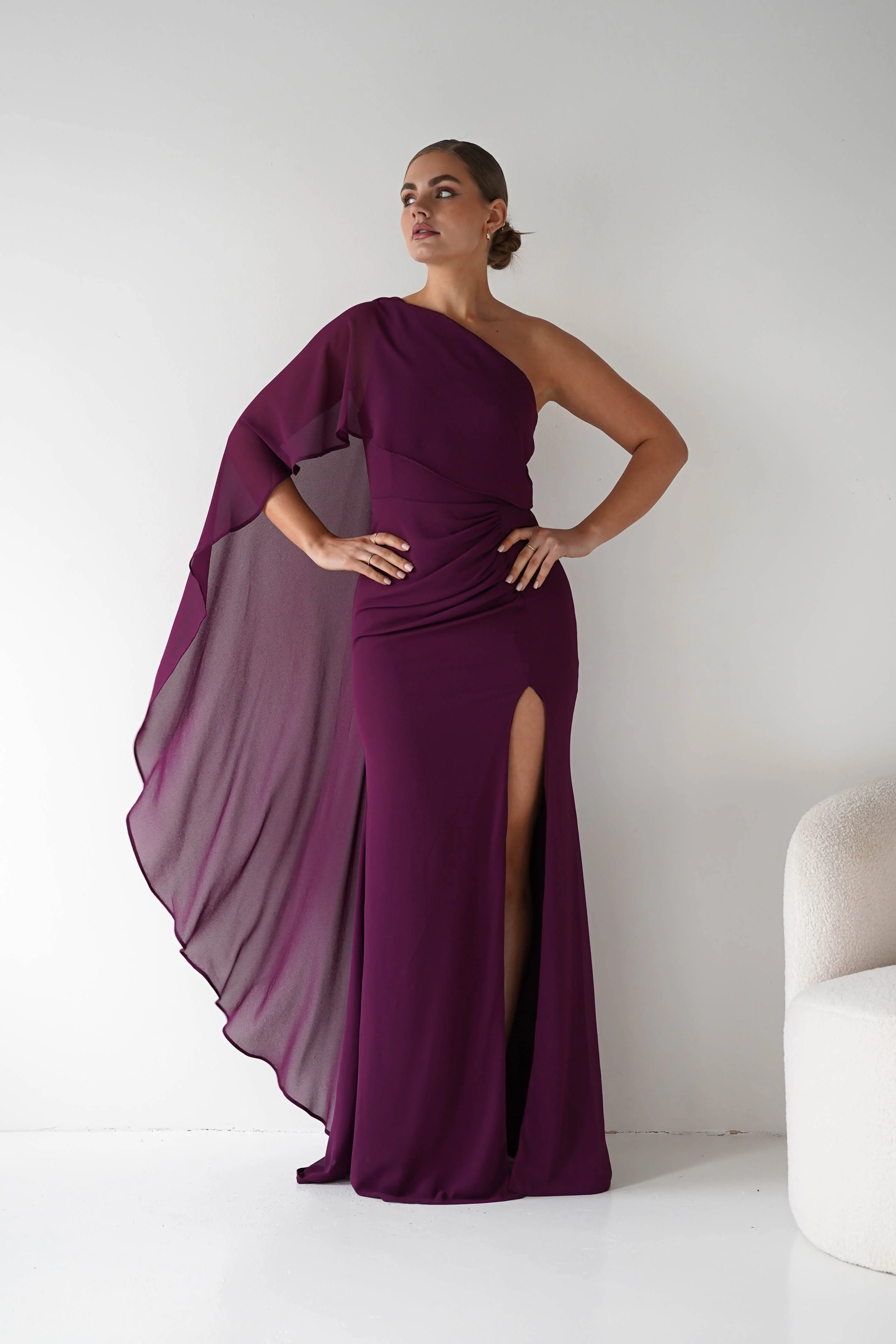Criselda One Shoulder Chiffon Maxi Dress | Plum - Image 4