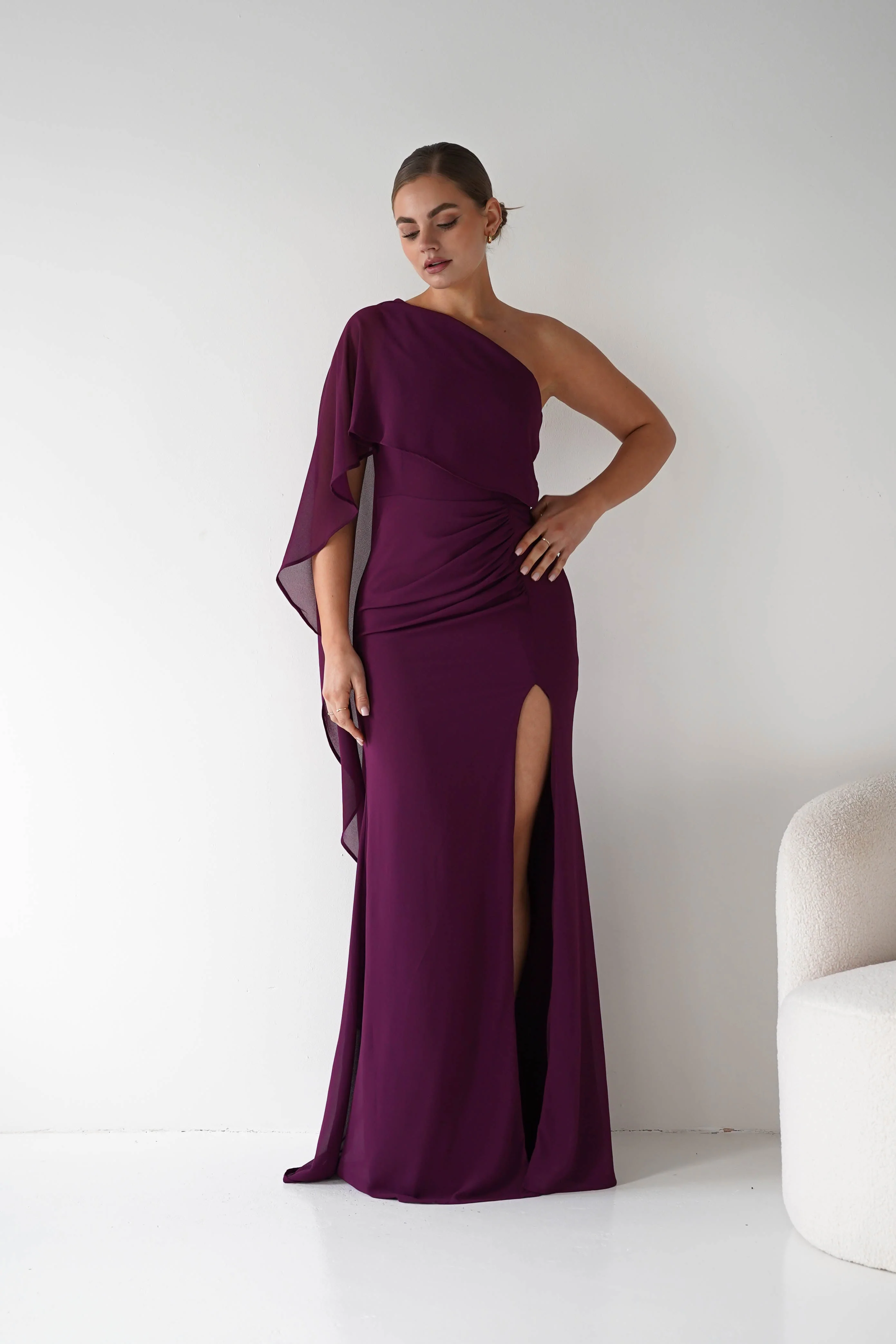 Criselda One Shoulder Chiffon Maxi Dress | Plum - Image 6