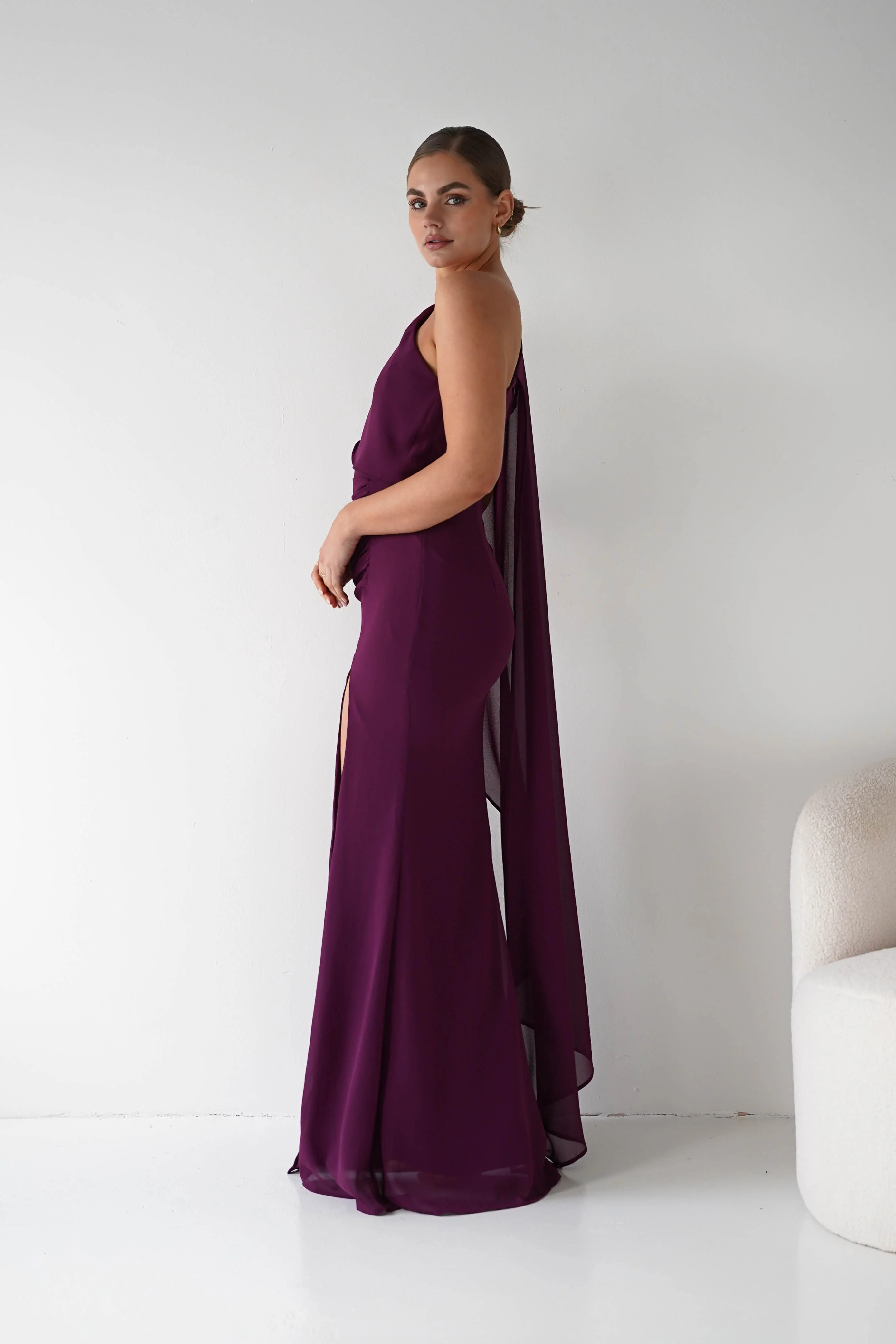 Criselda One Shoulder Chiffon Maxi Dress | Plum - Image 7