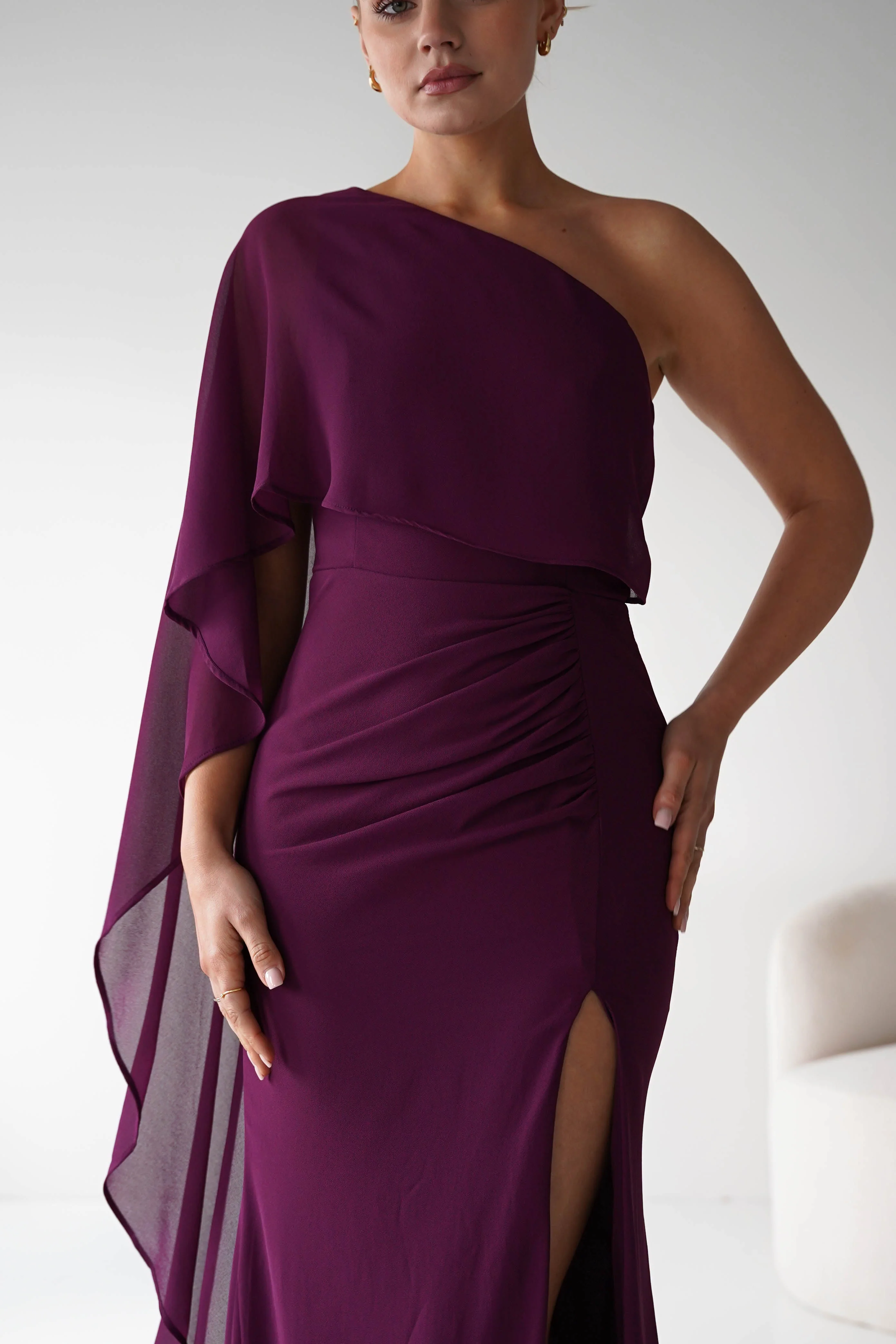 Criselda One Shoulder Chiffon Maxi Dress | Plum - Image 9
