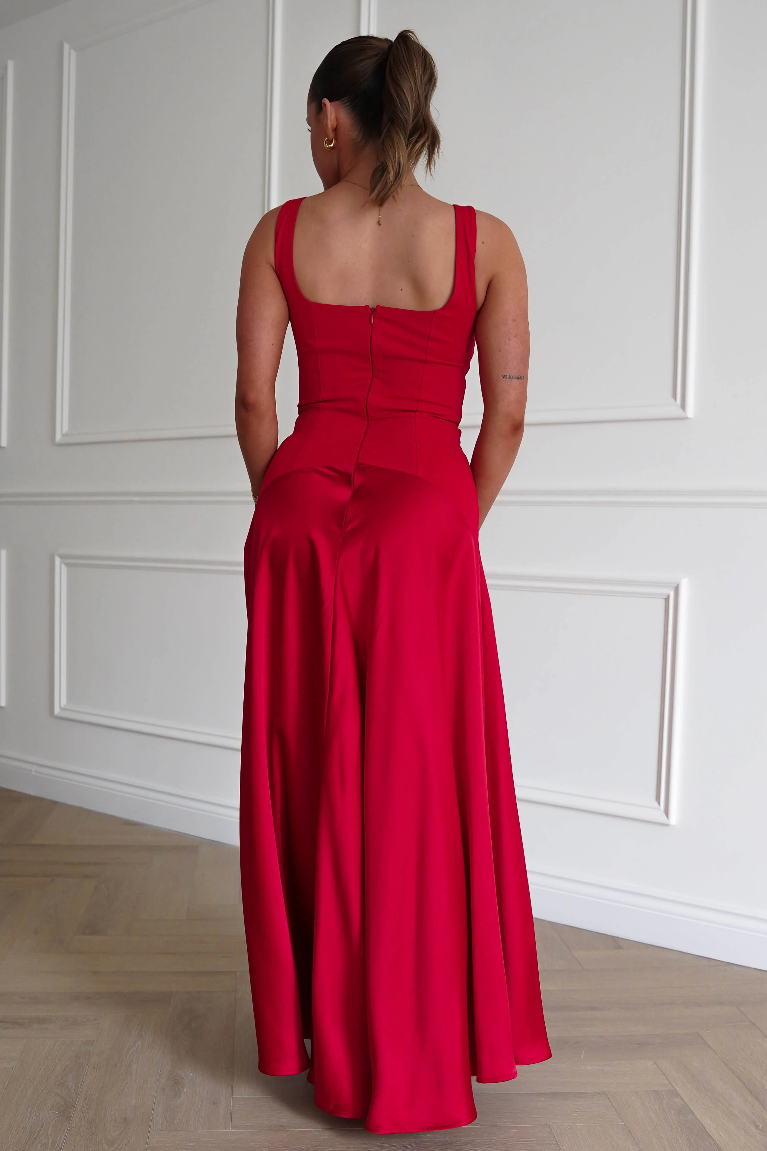 Elena Square Neck Soft Satin Maxi Dress | Red - Image 5