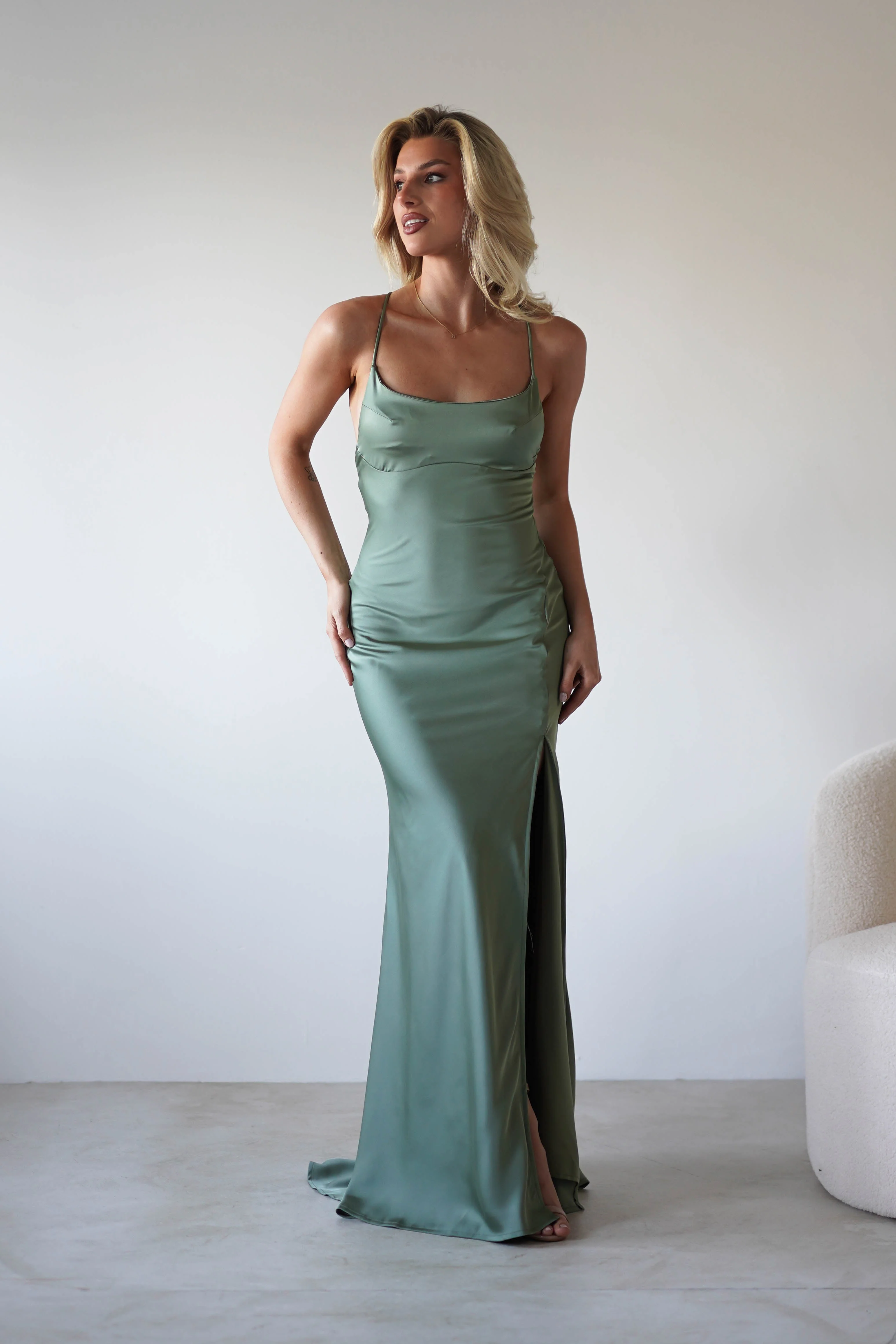 Elsa Matte Satin Maxi Gown | Olive - Image 4