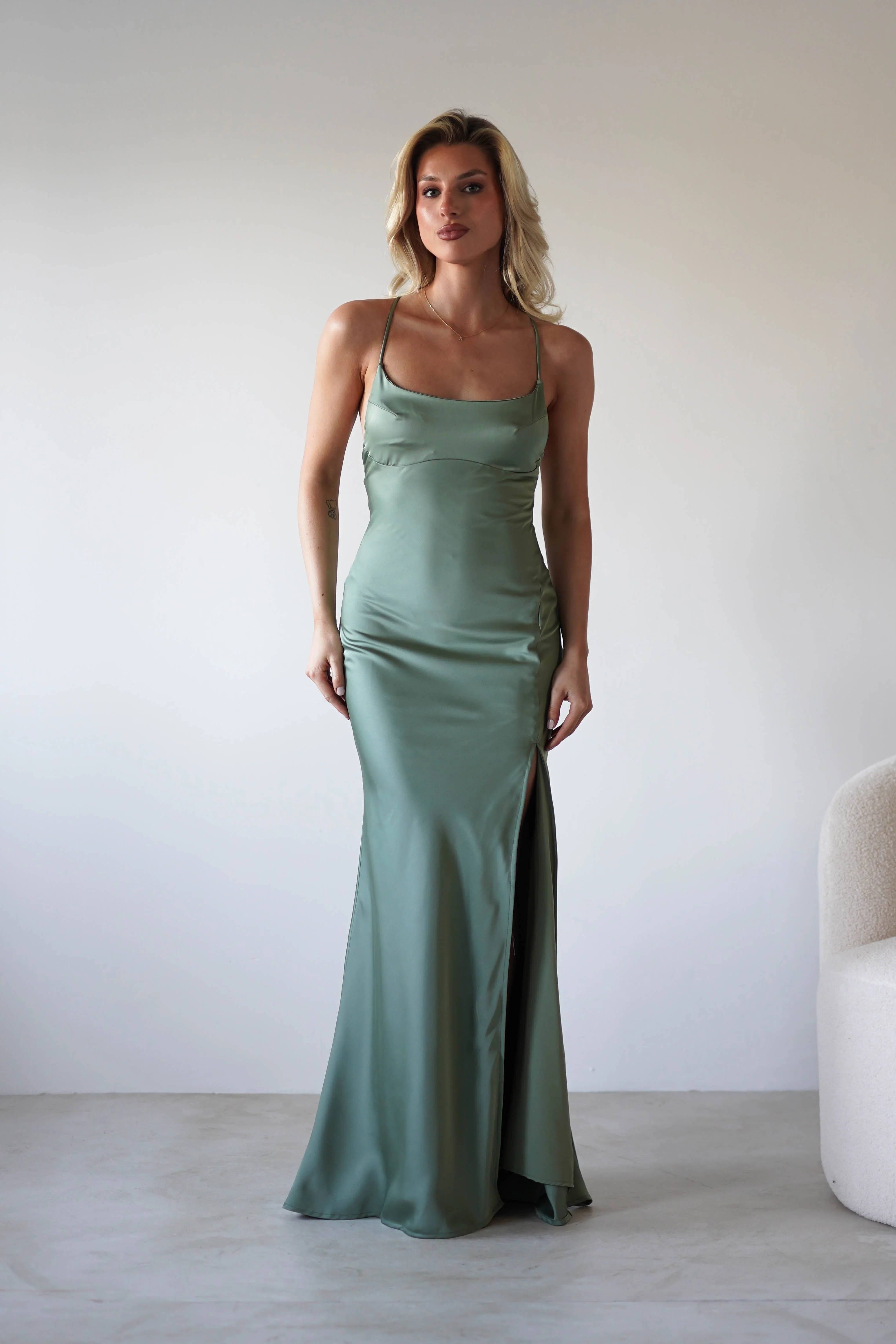 Elsa Matte Satin Maxi Gown | Olive - Image 5