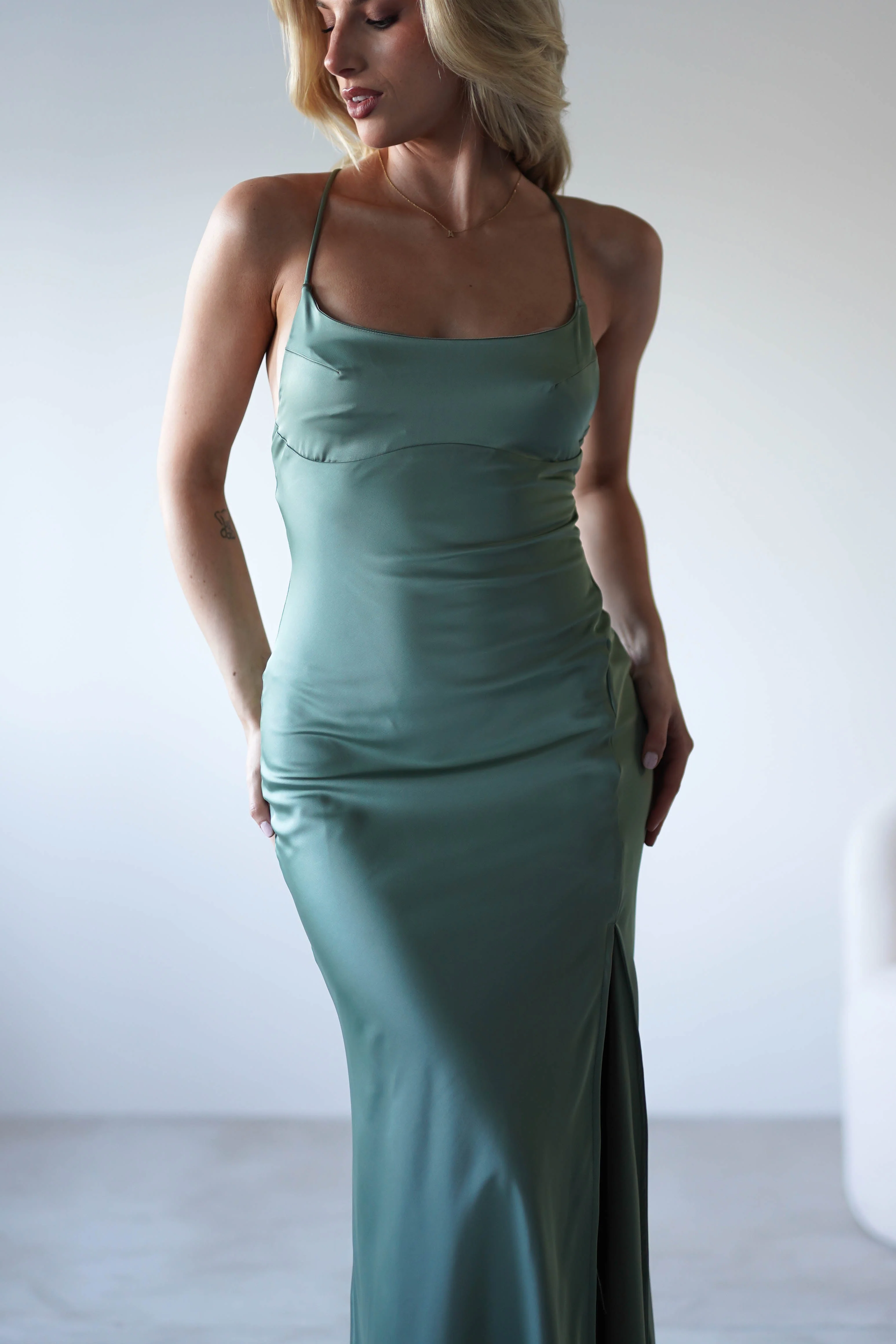 Elsa Matte Satin Maxi Gown | Olive - Image 7