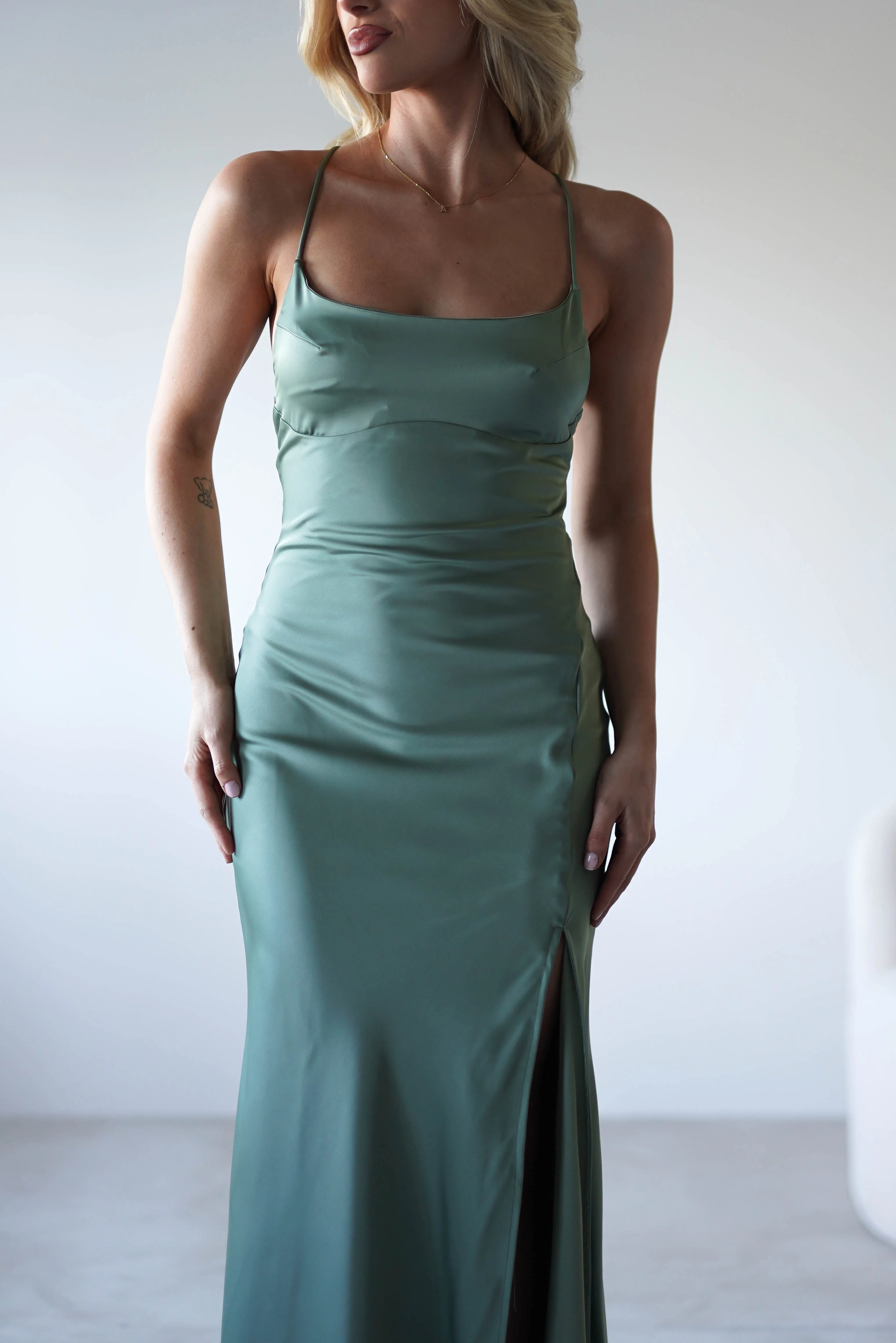 Elsa Matte Satin Maxi Gown | Olive - Image 8