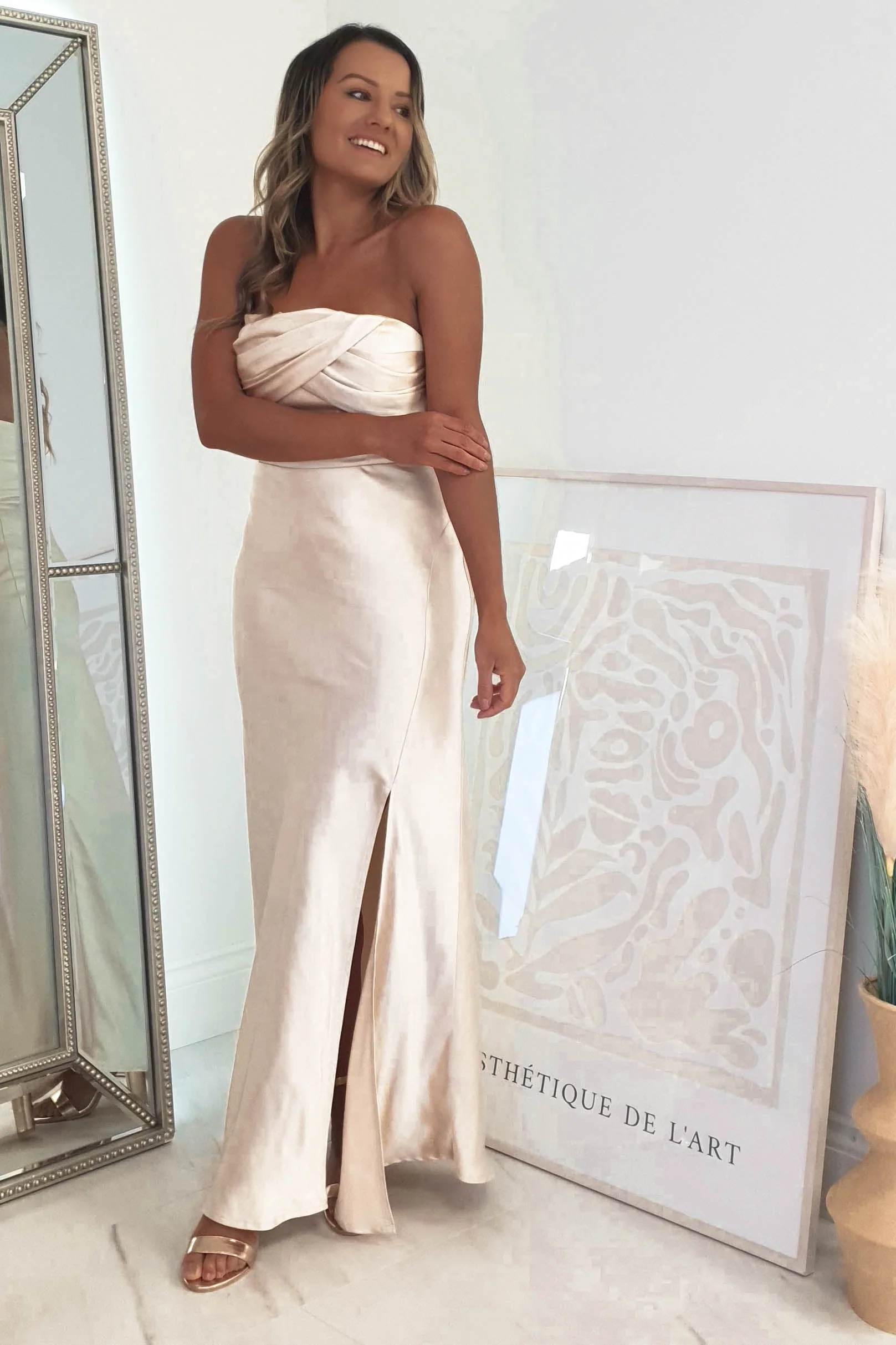 Everly Strapless Satin Midi Dress | Champange - Image 3