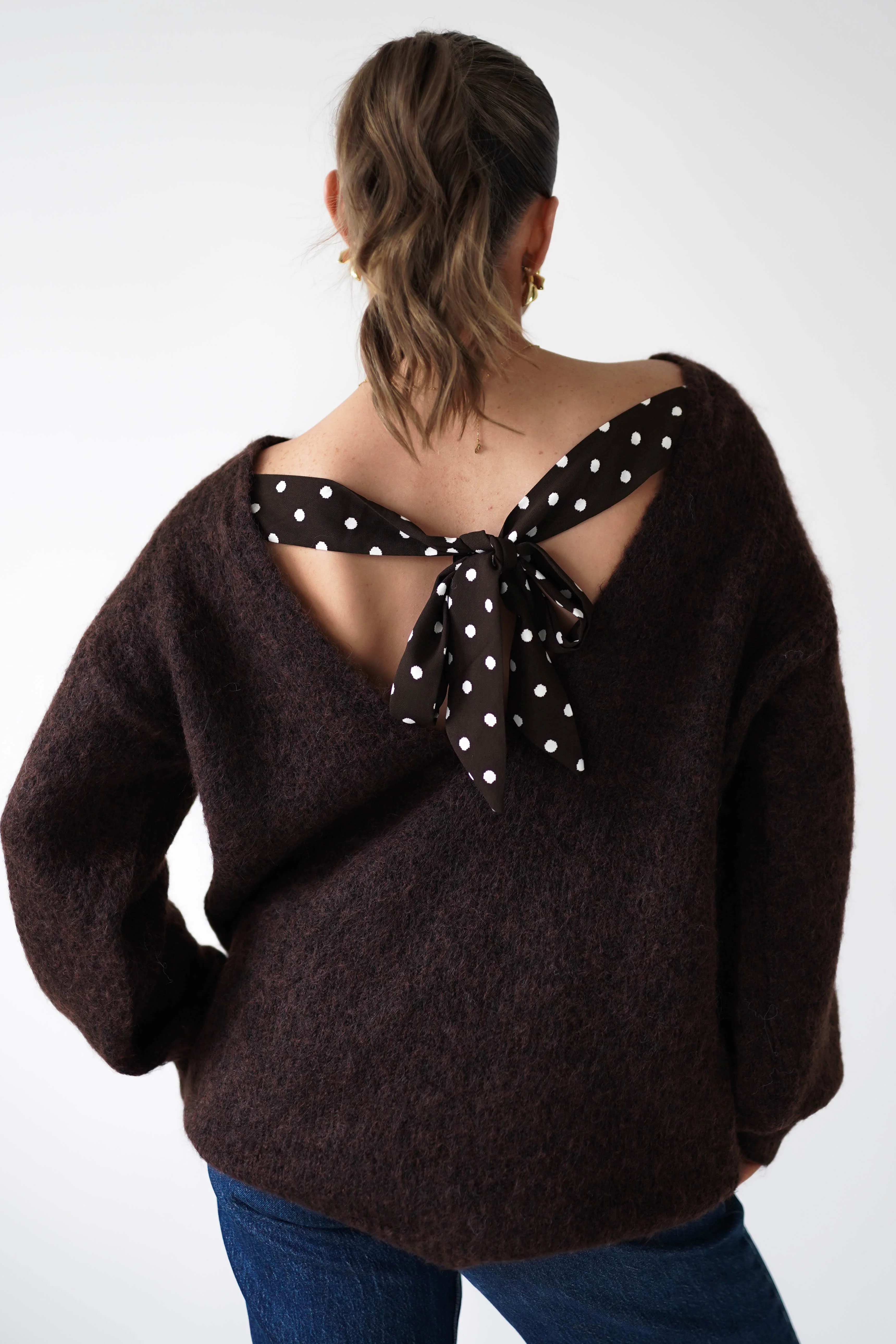 Gracie Polka Dot Bow Back Knit Jumper | Brown