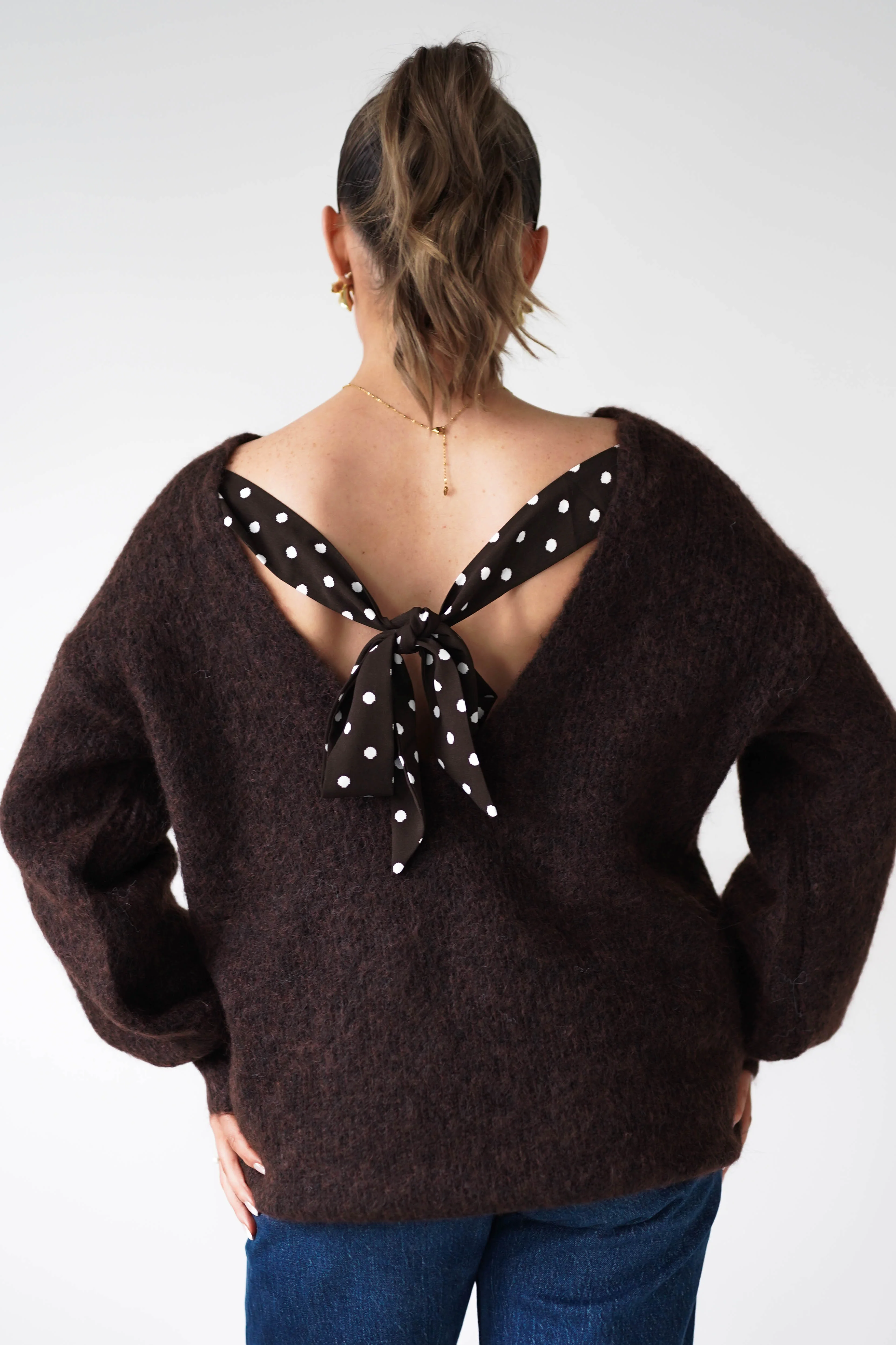 Gracie Polka Dot Bow Back Knit Jumper | Brown - Image 2