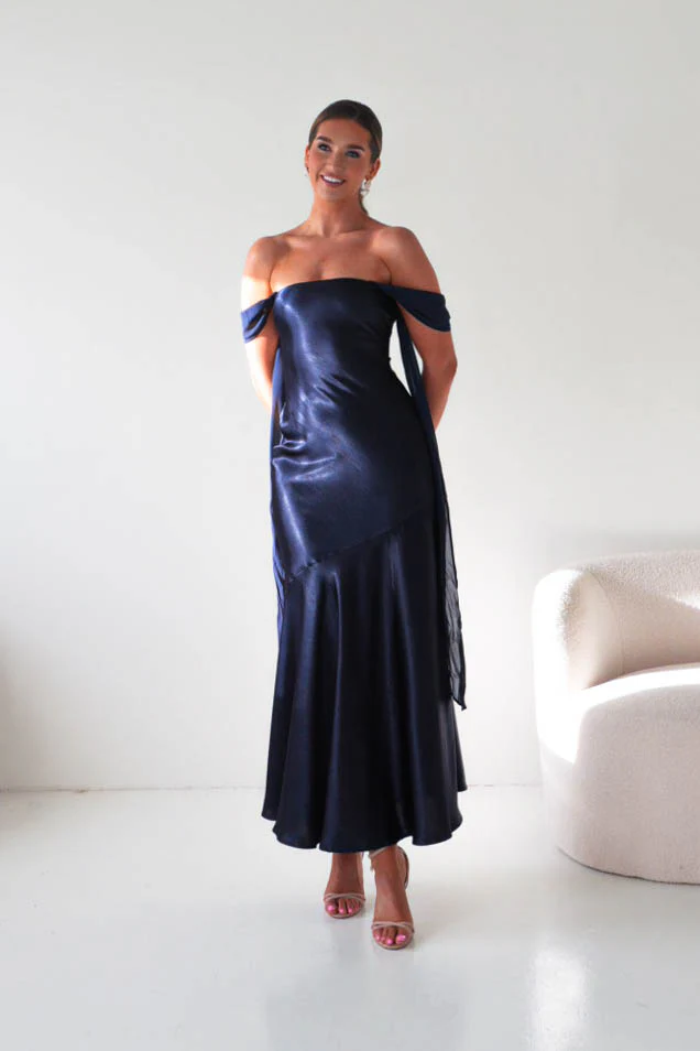Helda Off The Shoulder Soft Satin Maxi Dress | Navy - Image 6