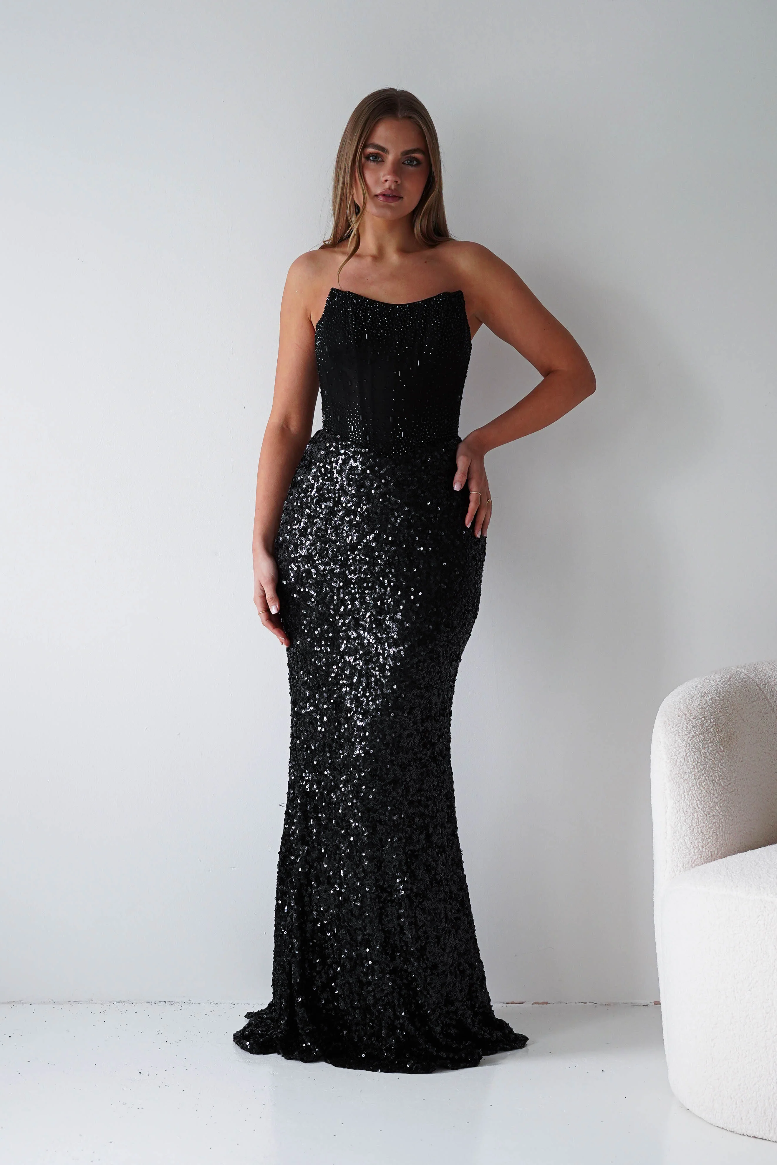 Henrietta Strapless Corset Sequin Gown | Black