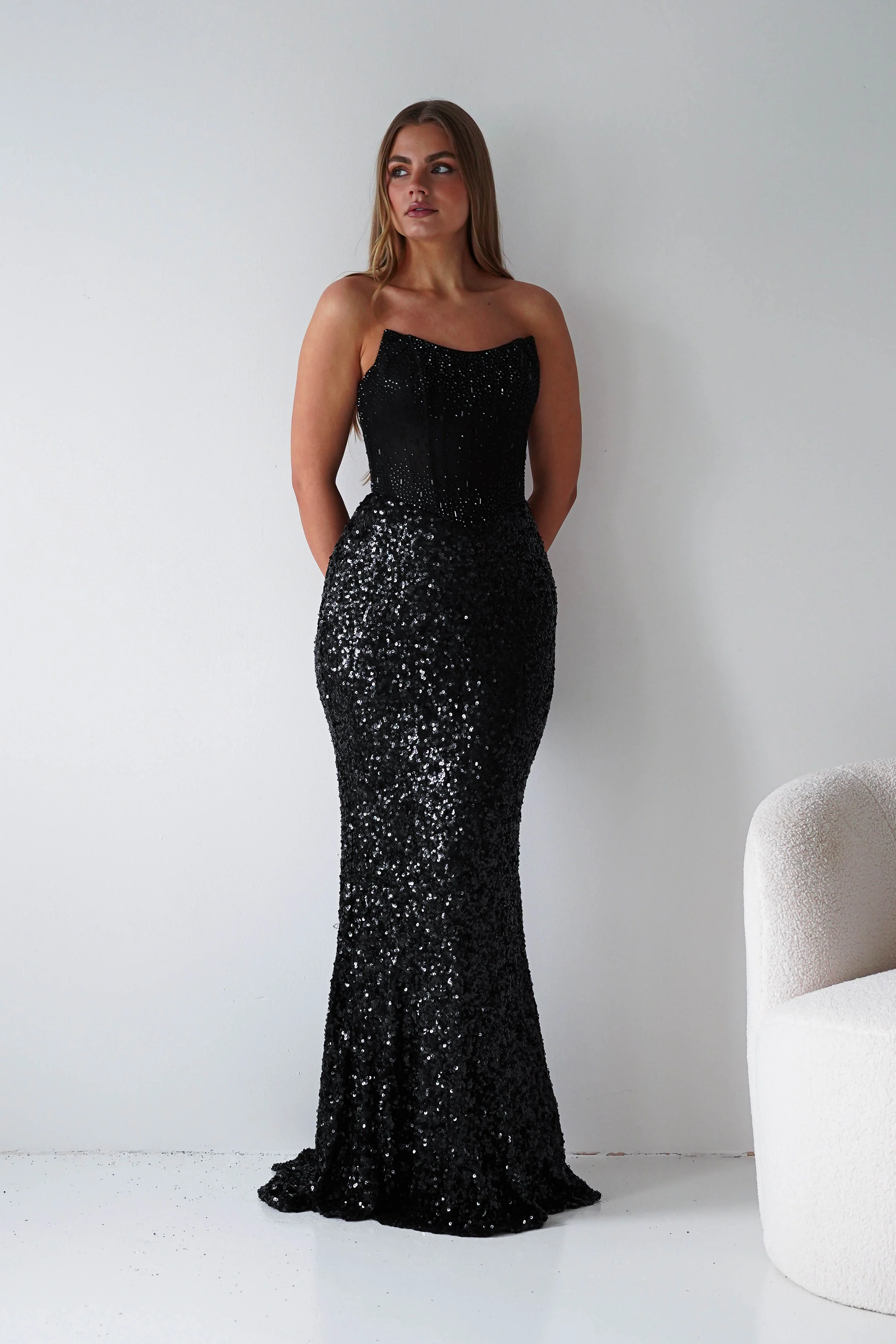 Henrietta Strapless Corset Sequin Gown | Black - Image 5
