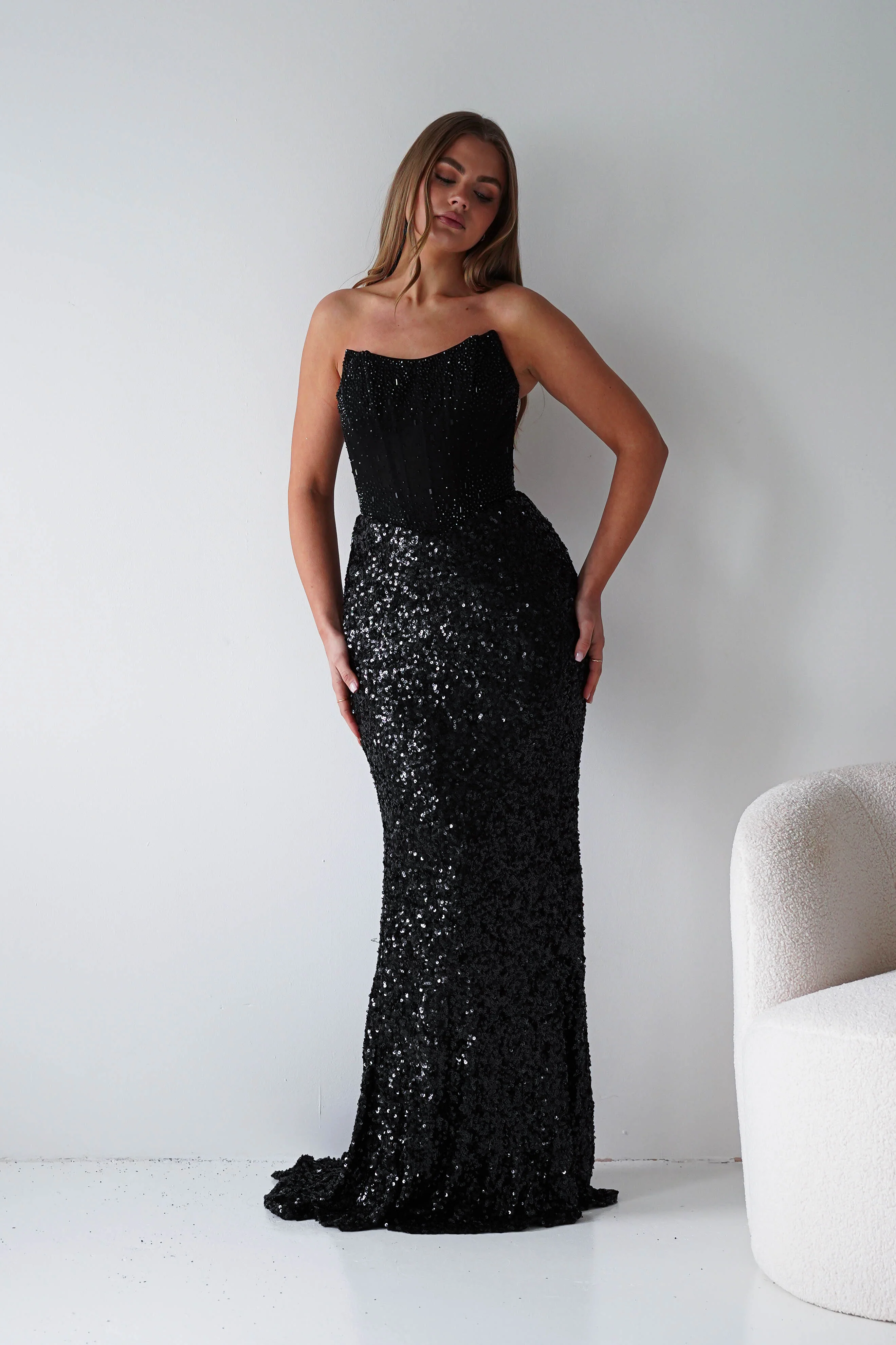 Henrietta Strapless Corset Sequin Gown | Black - Image 8