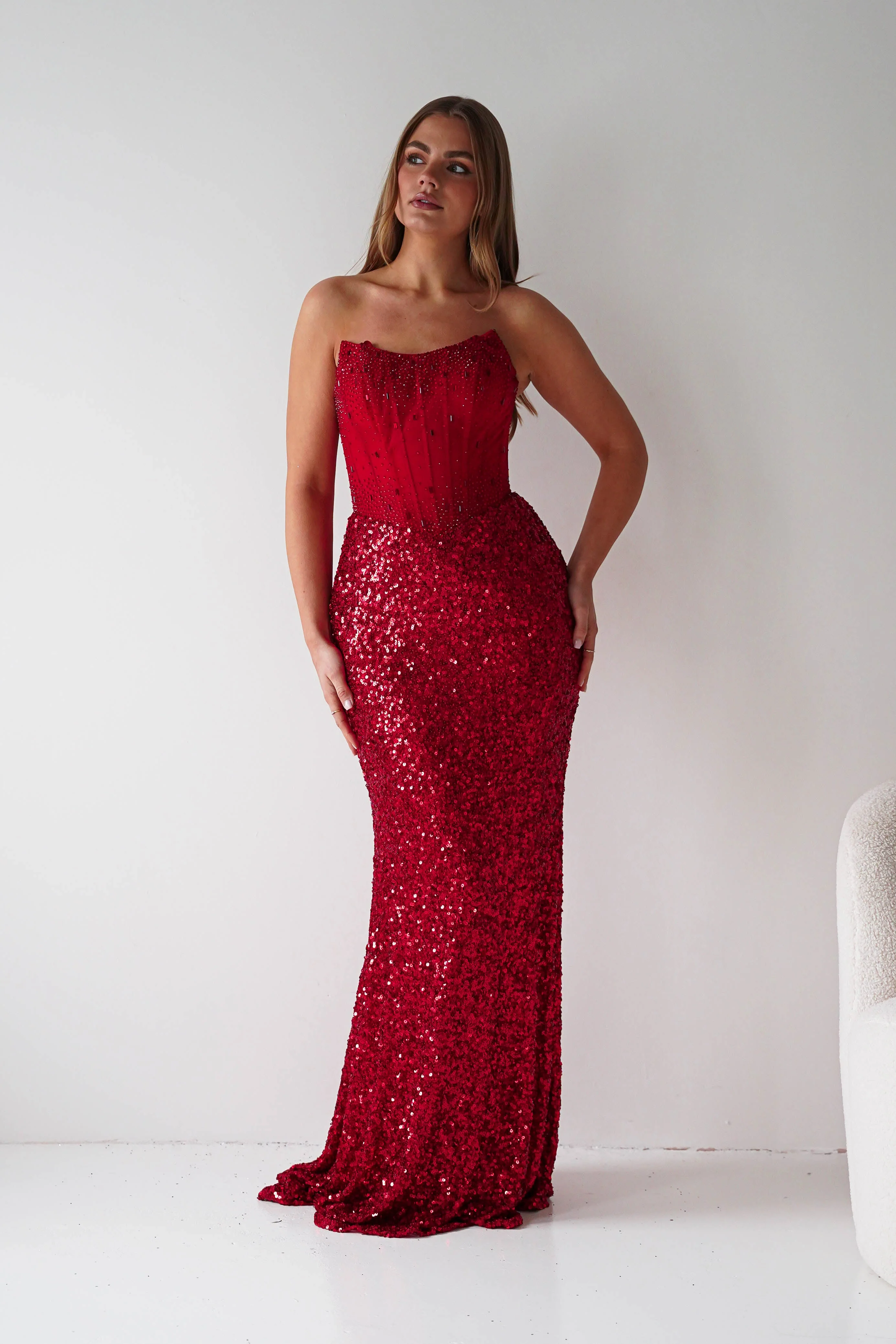 Henrietta Strapless Corset Sequin Gown | Red