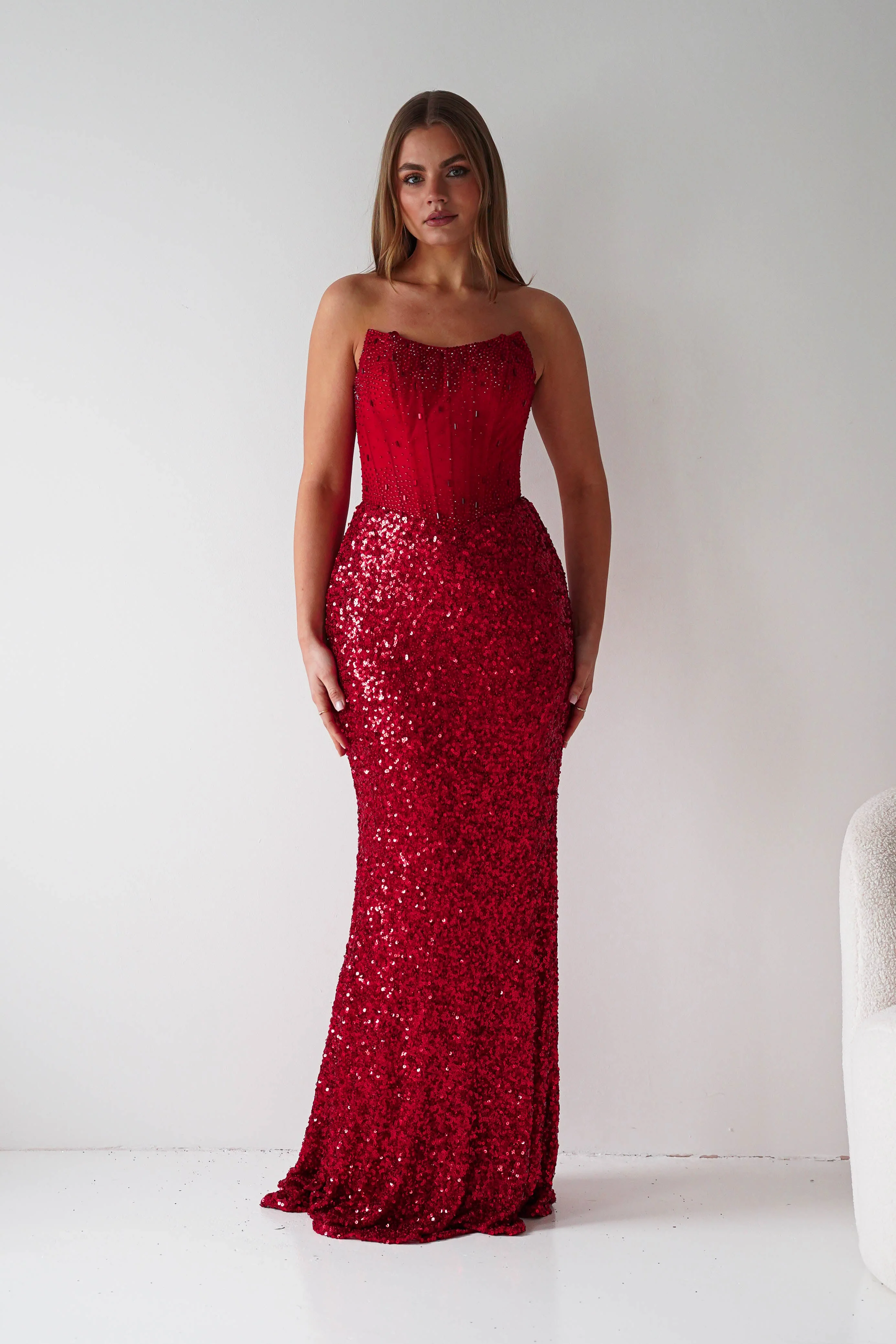 Henrietta Strapless Corset Sequin Gown | Red - Image 2
