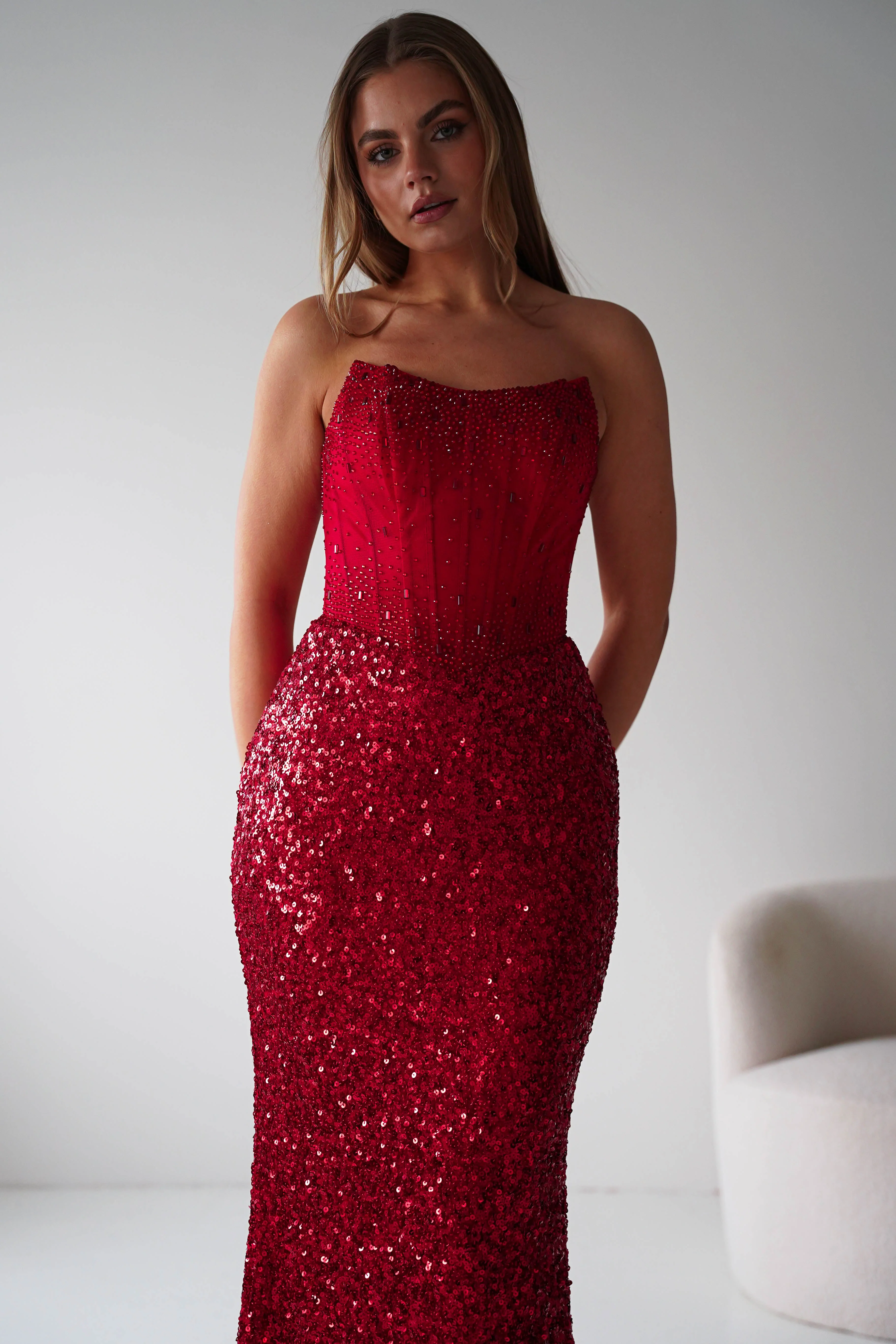 Henrietta Strapless Corset Sequin Gown | Red - Image 3