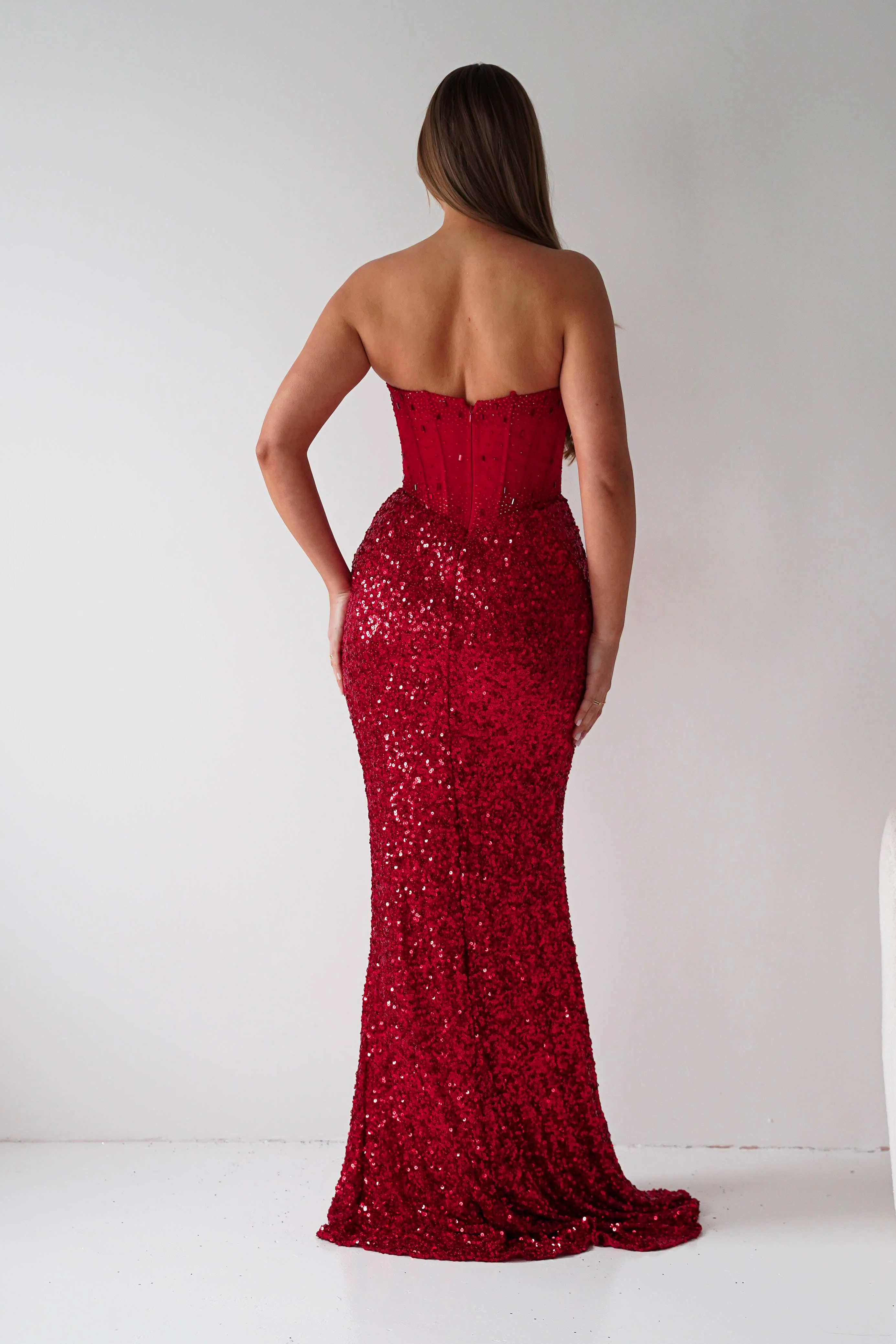 Henrietta Strapless Corset Sequin Gown | Red - Image 4