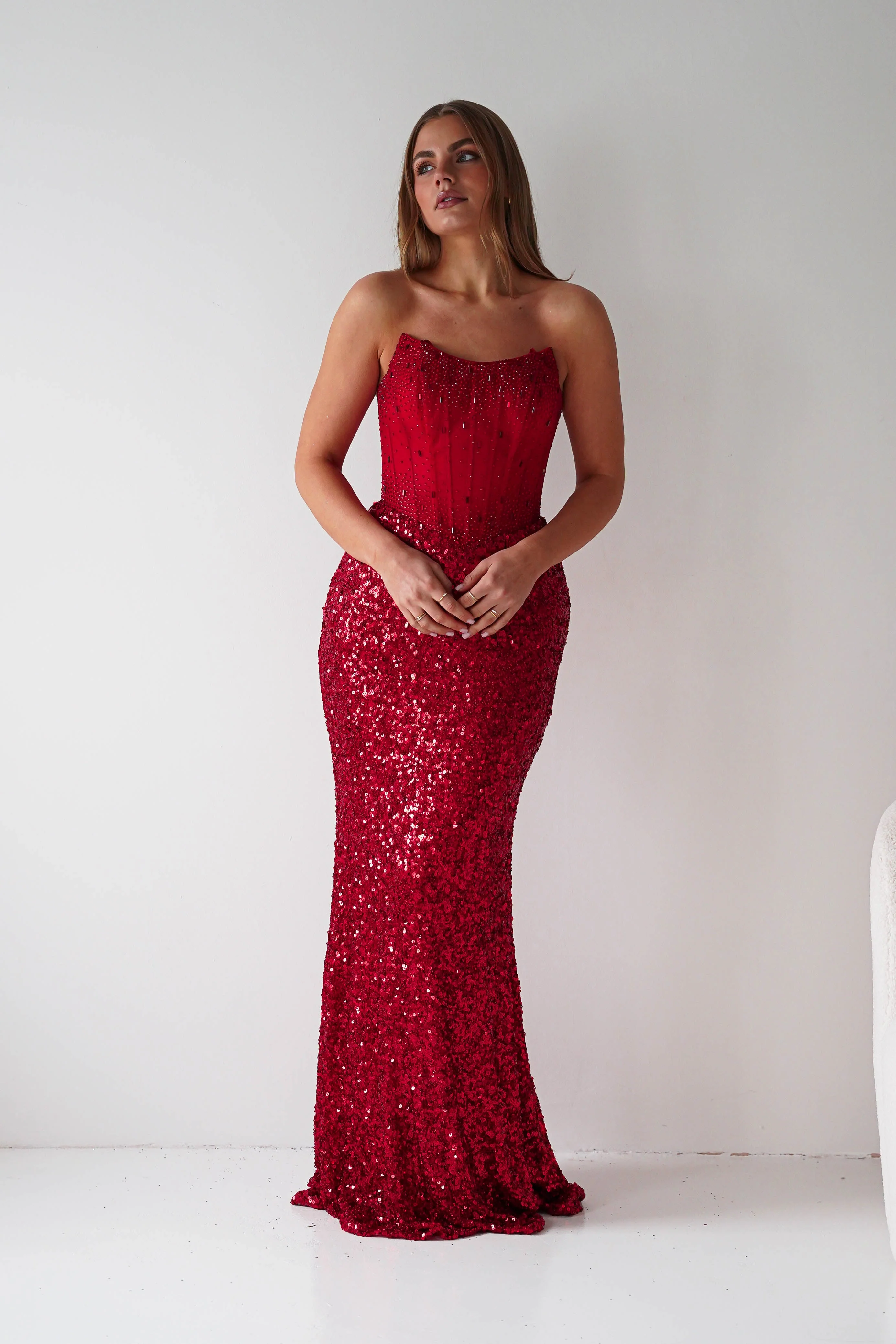 Henrietta Strapless Corset Sequin Gown | Red - Image 5